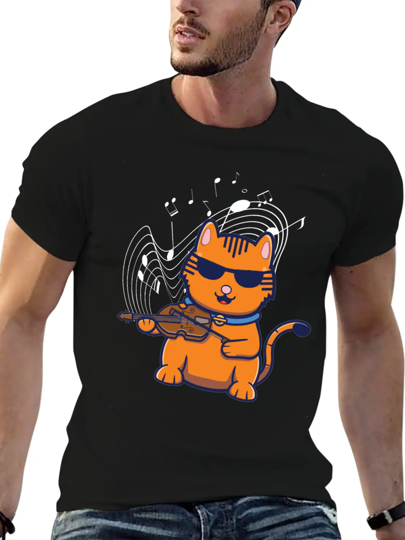 Violin Violinist Jazz Cat Stylish Everyday T-Shirt – Unisex Basic Cotton Tee