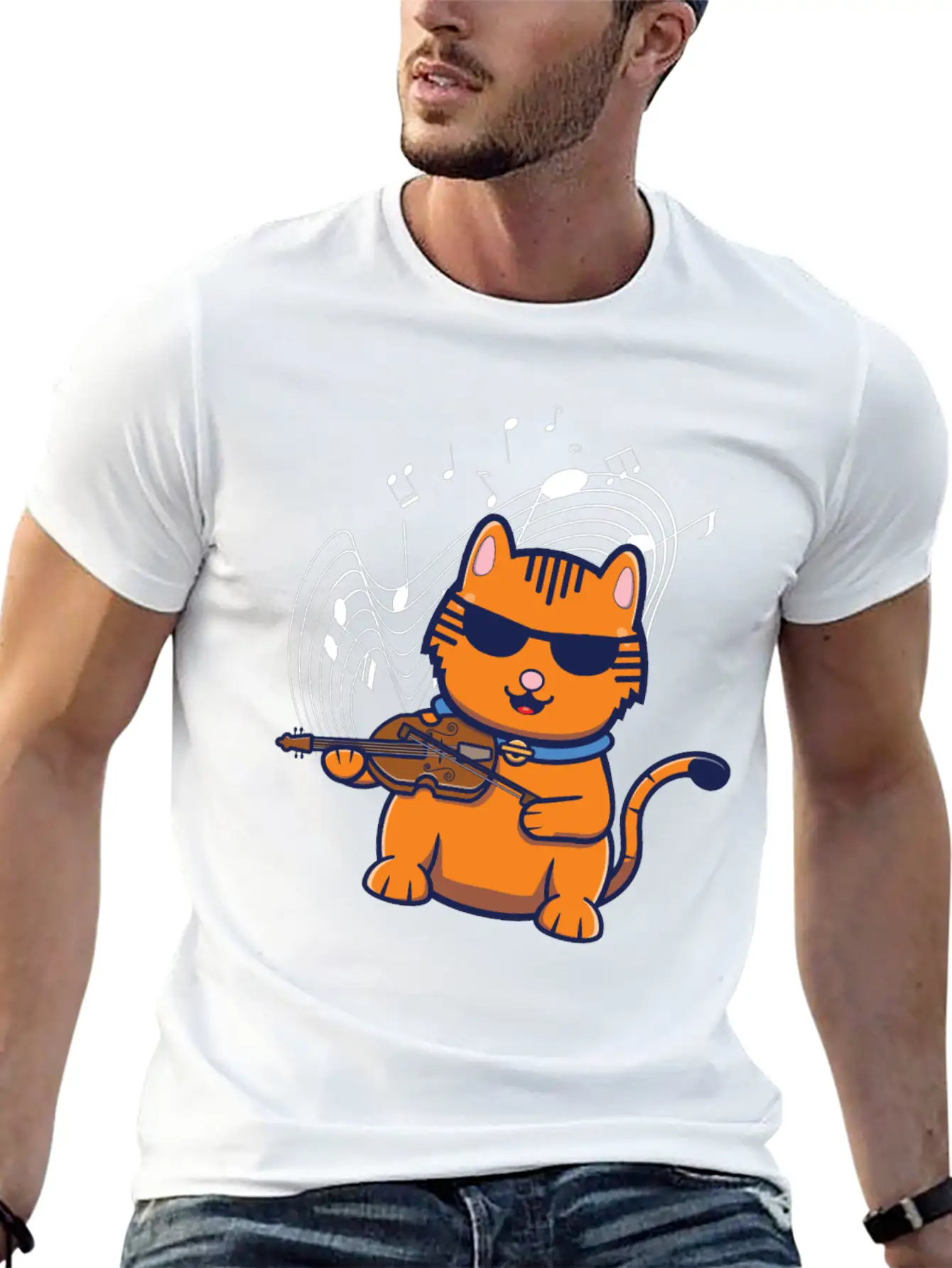 Violin Violinist Jazz Cat Stylish Everyday T-Shirt – Unisex Basic Cotton Tee