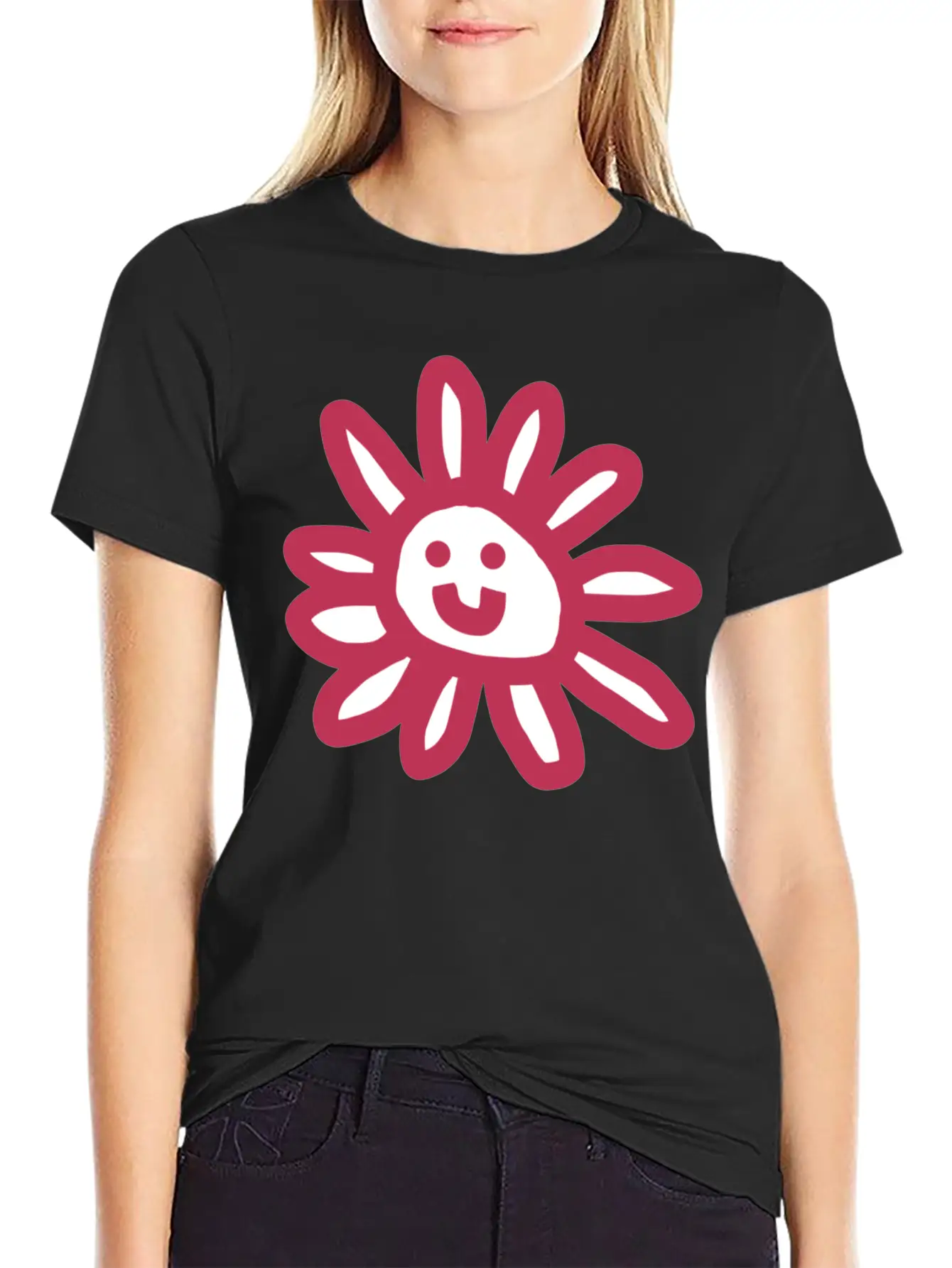 Viva Magenta Daisy Flower Face Graphic Basic Graphic T-Shirt – Daily Comfort In Soft Cotton