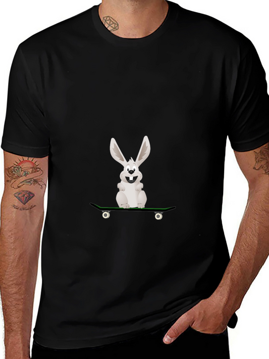 Rabbit Skateboarder Graphic Tee - Black Cotton Casual