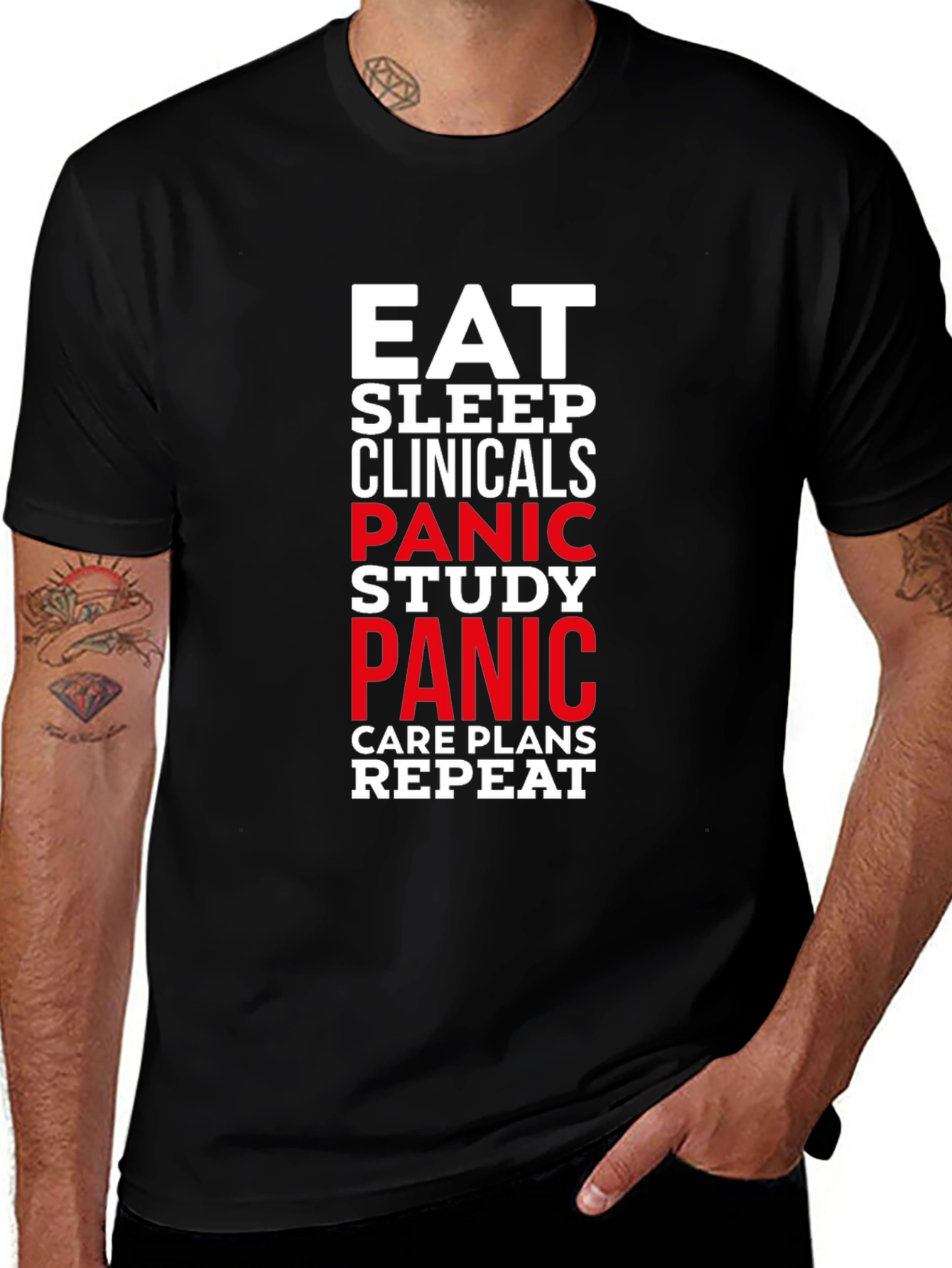 Eat Sleep Clinicals Panic Study Repeat Black T-Shirt