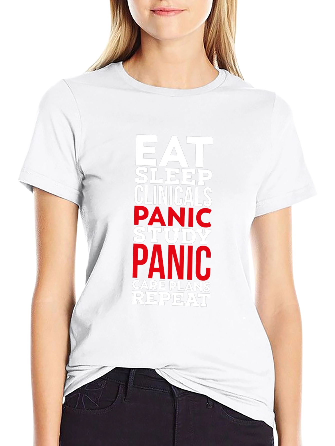 Eat Sleep Clinicals Panic Study Repeat Black T-Shirt