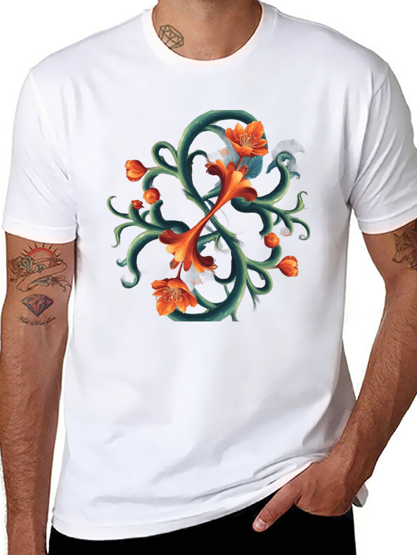 Floral Vines Graphic Tee - Black Cotton T-Shirt