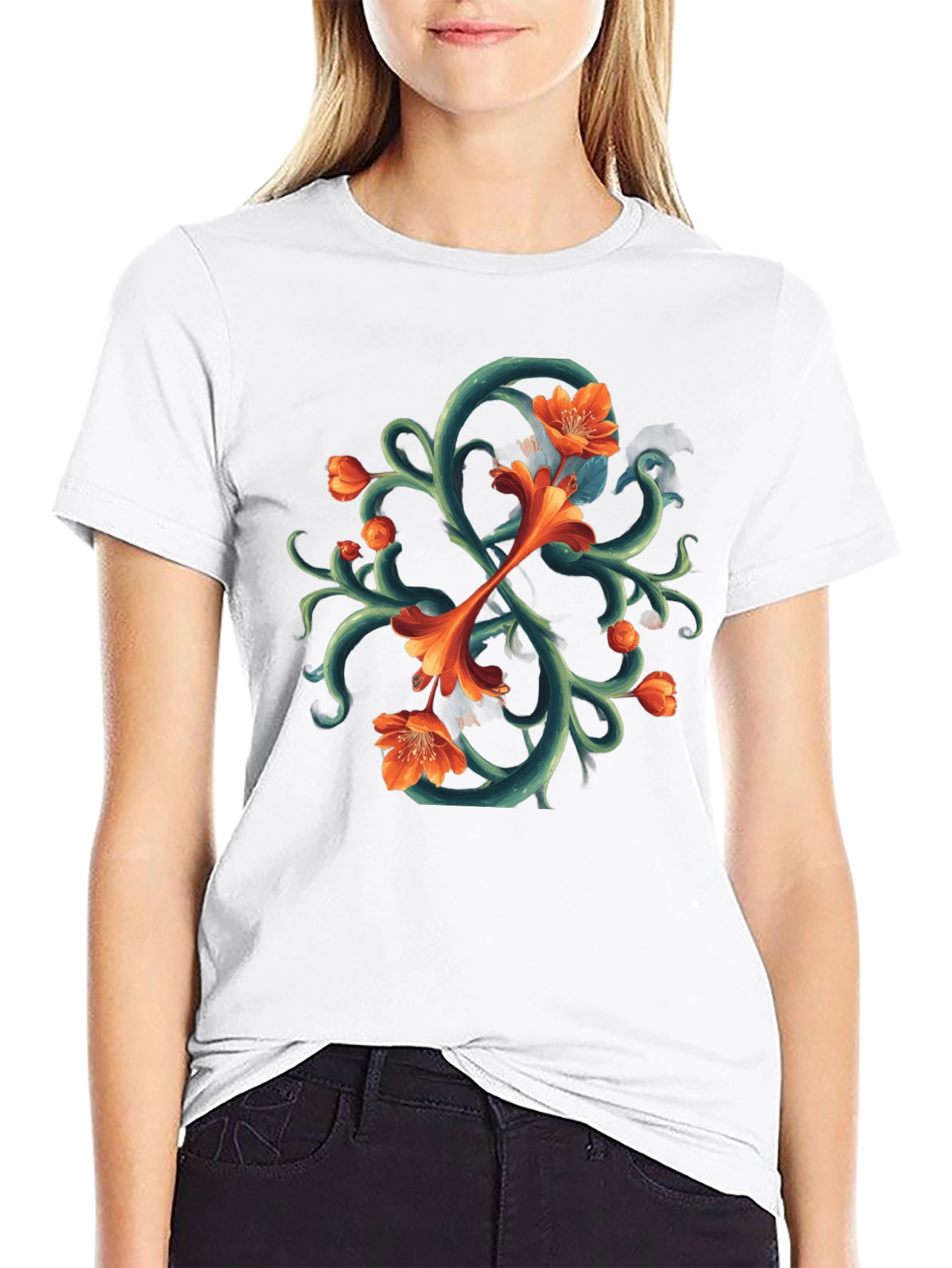 Floral Vines Graphic Tee - Black Cotton T-Shirt