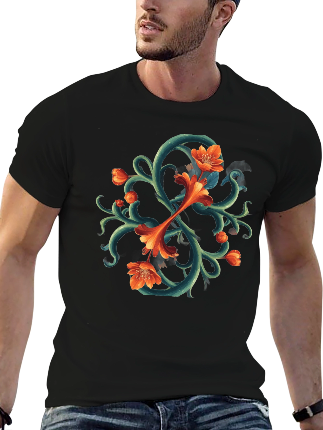 Floral Vines Graphic Tee - Black Cotton T-Shirt