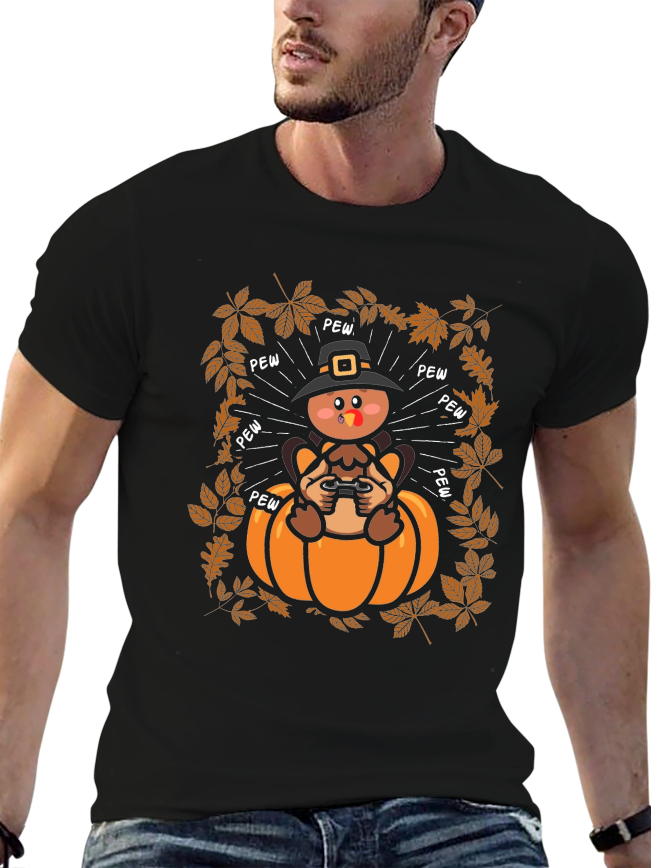 Thanksgiving Turkey Gamer Black T-Shirt