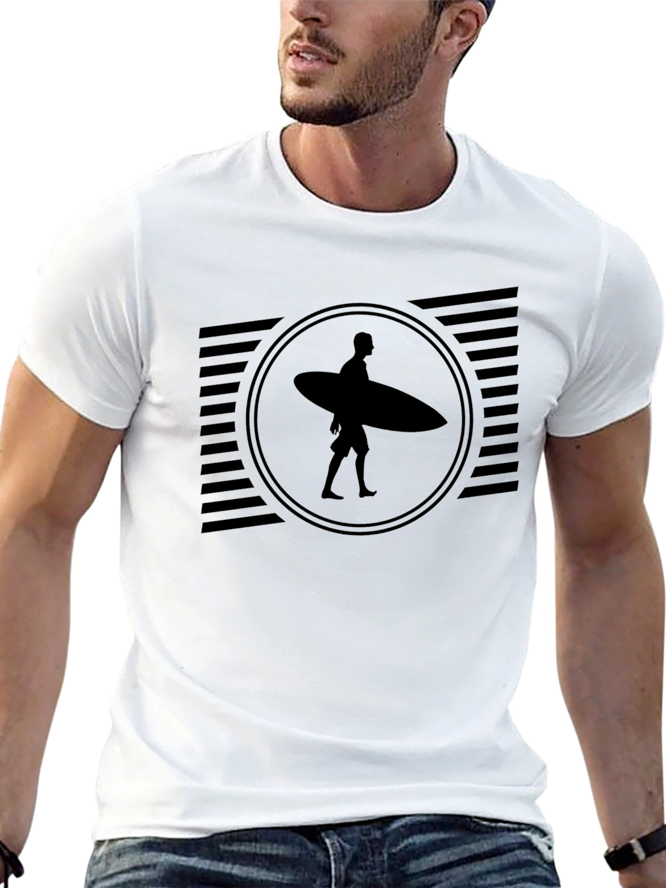 Stylish Black Graphic Tee - Surfer Design