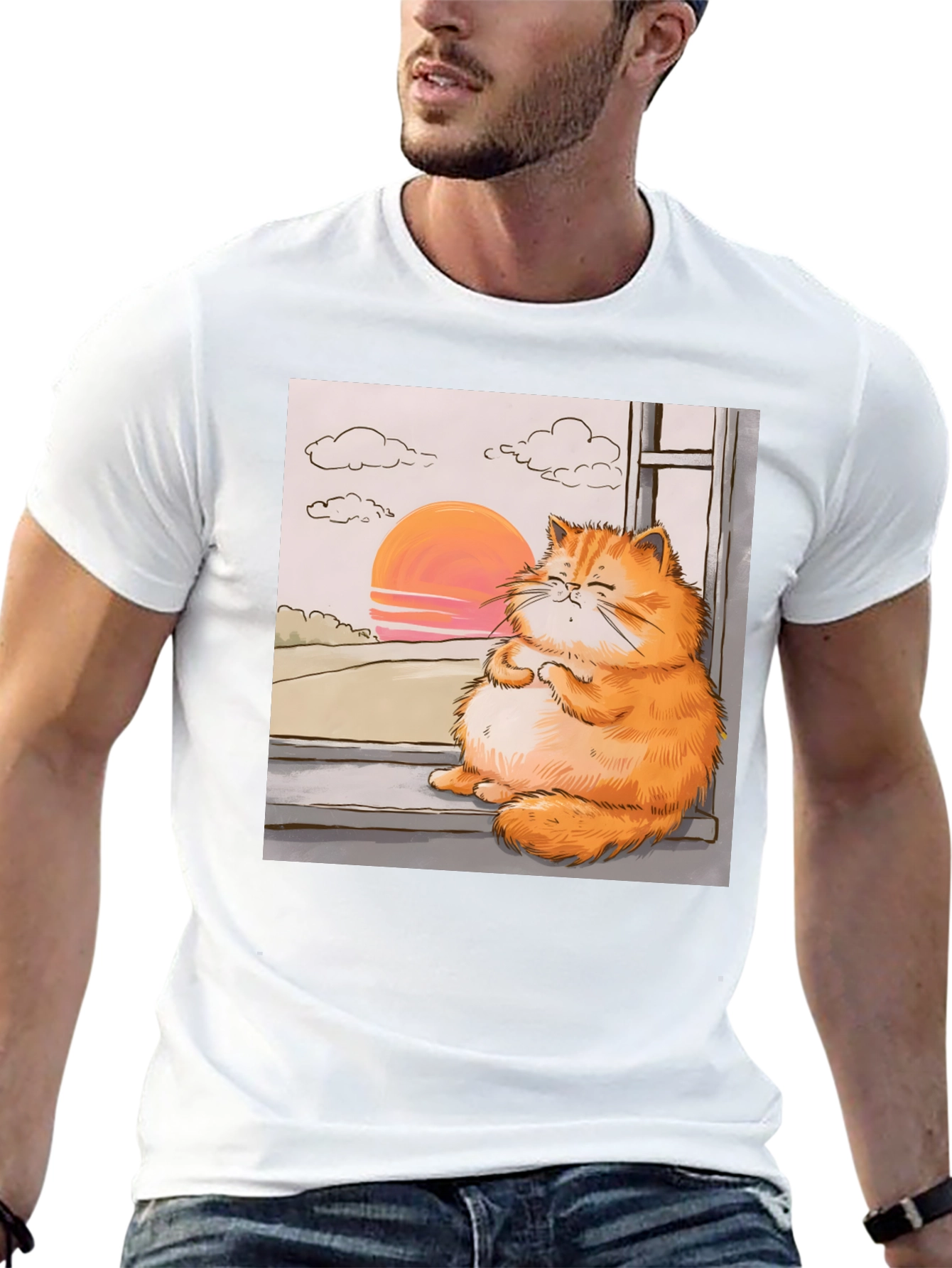 Relaxed Cat T-Shirt - Sunset Window View