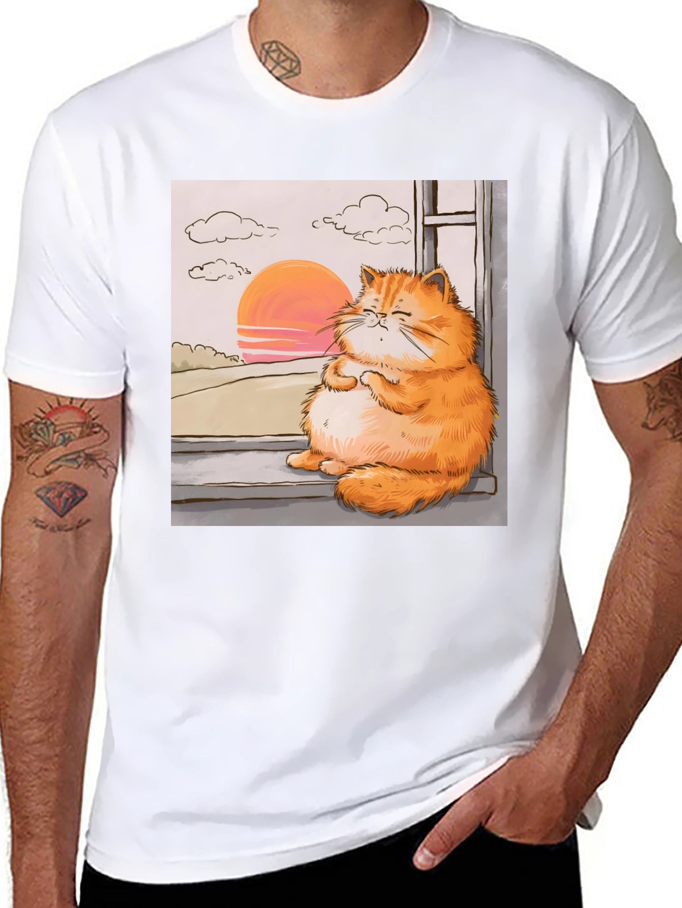 Relaxed Cat T-Shirt - Sunset Window View