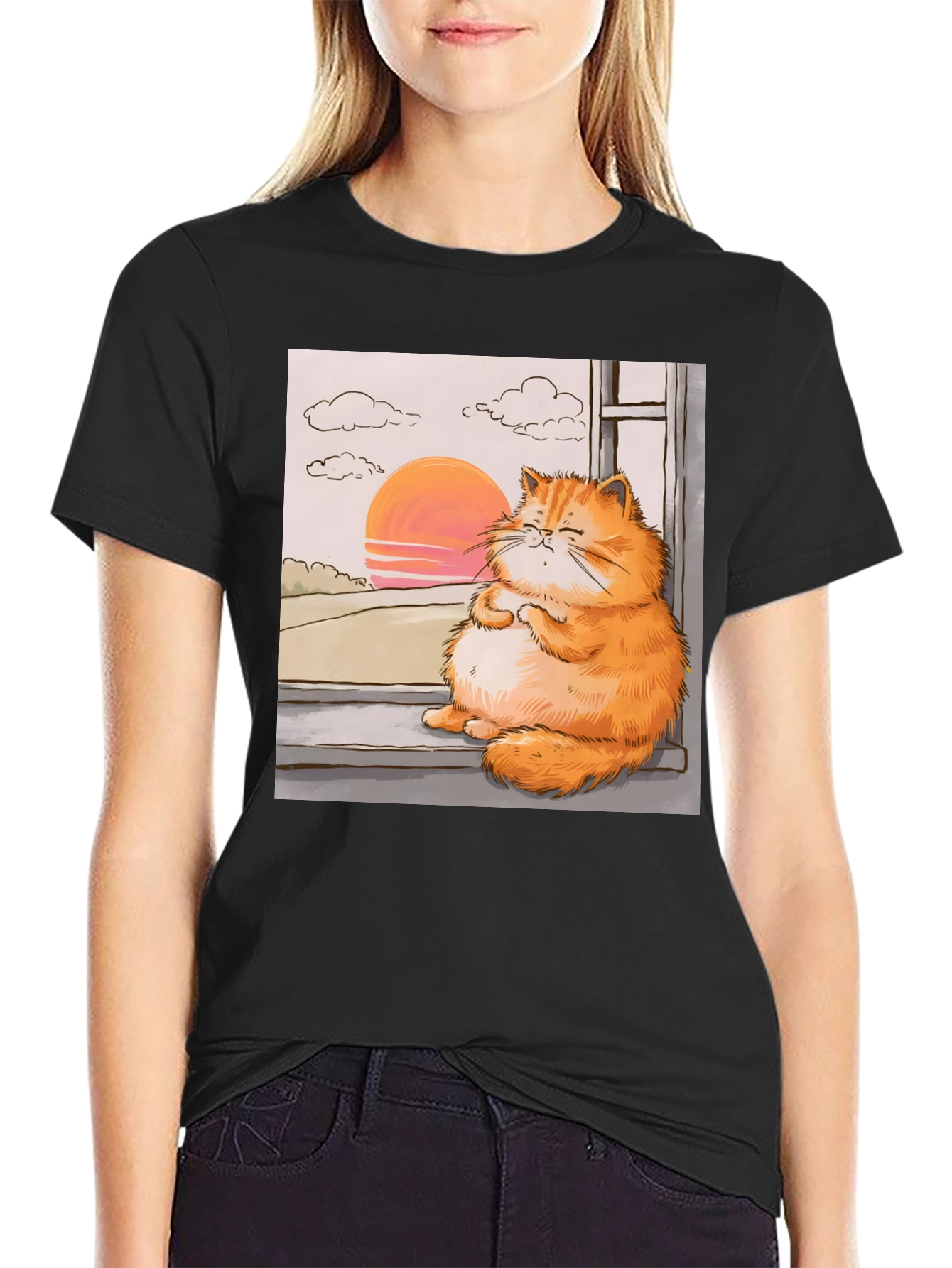 Relaxed Cat T-Shirt - Sunset Window View