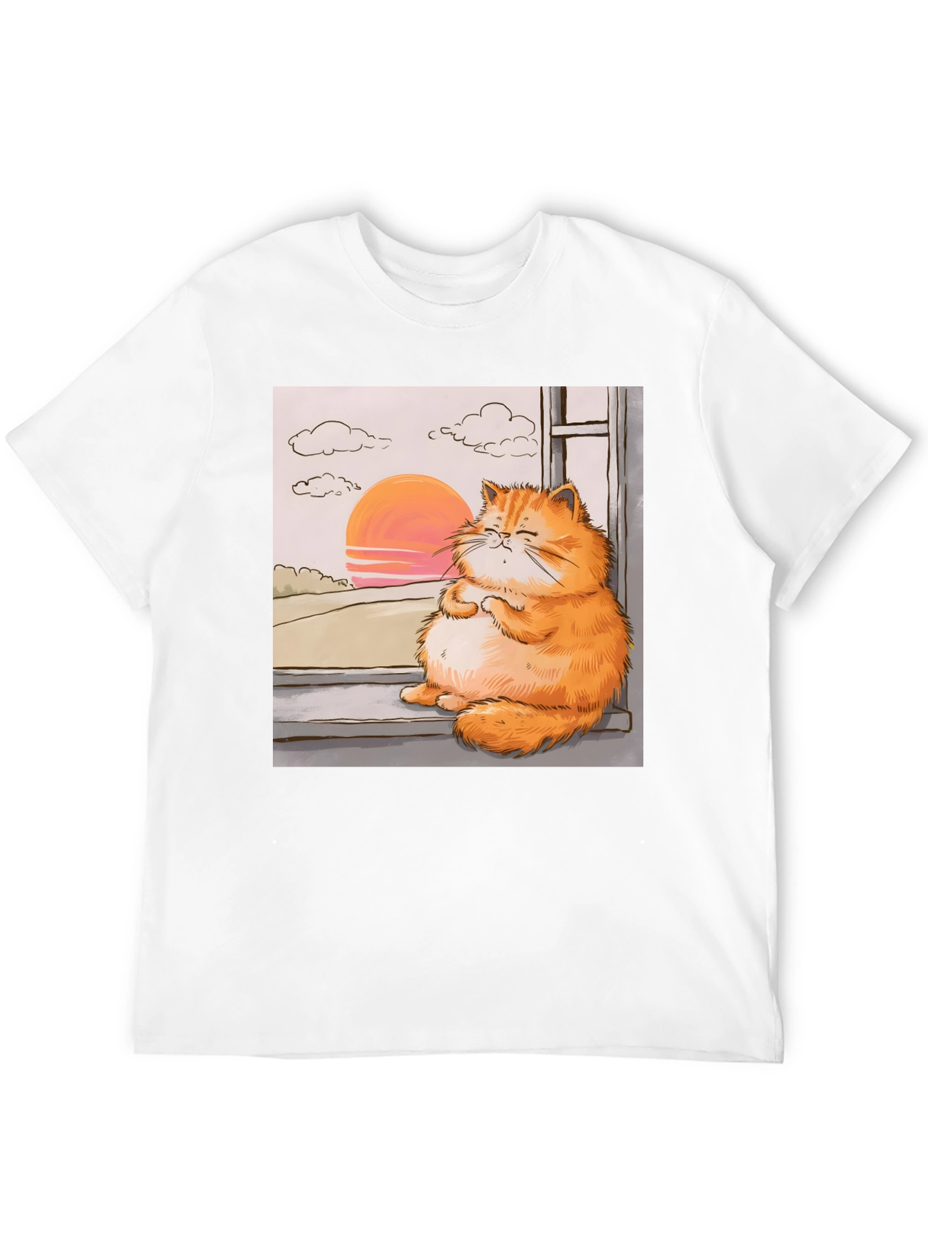 Relaxed Cat T-Shirt - Sunset Window View