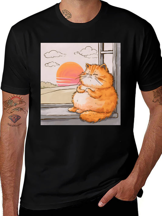 Relaxed Cat T-Shirt - Sunset Window View
