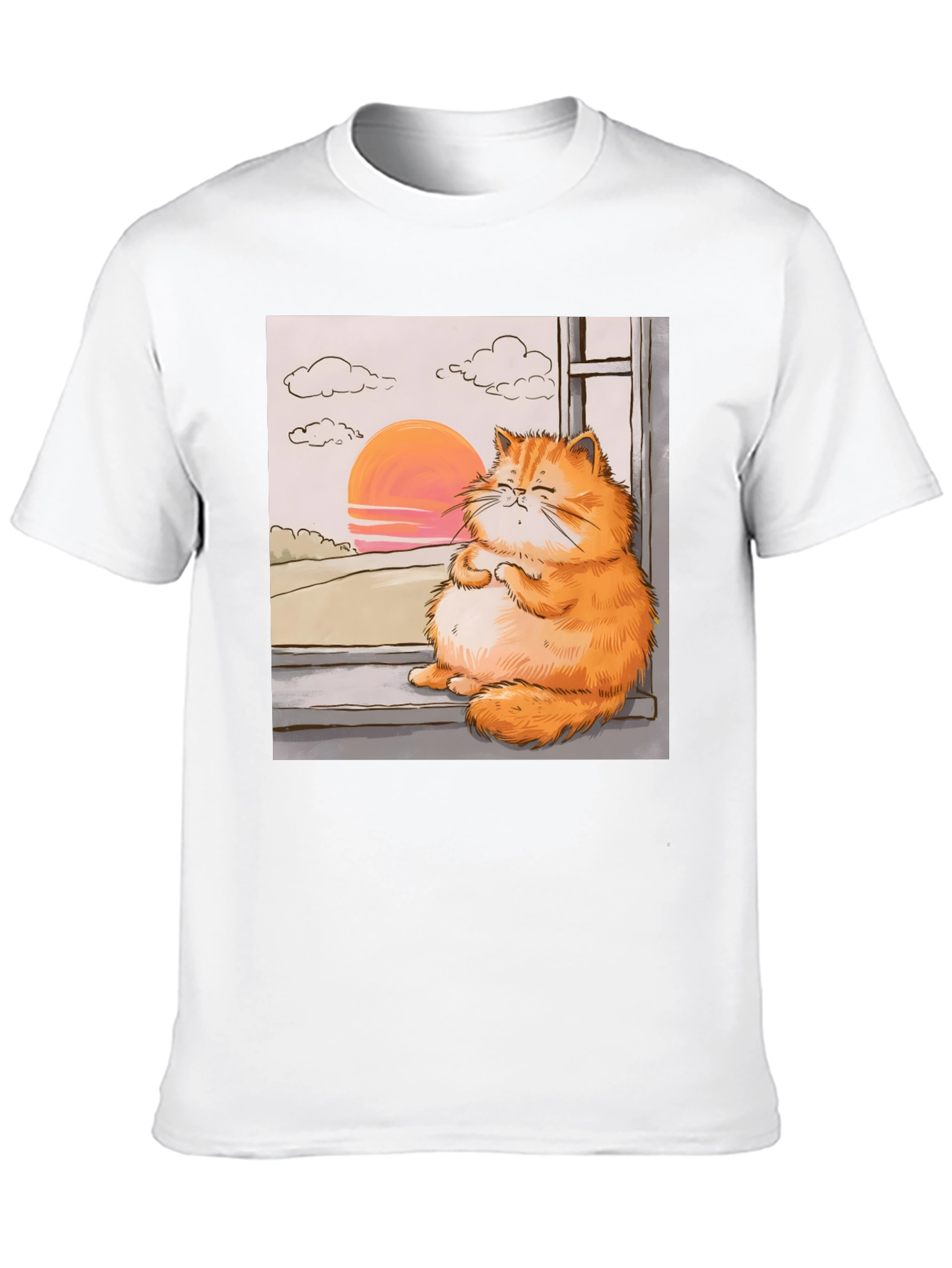 Relaxed Cat T-Shirt - Sunset Window View