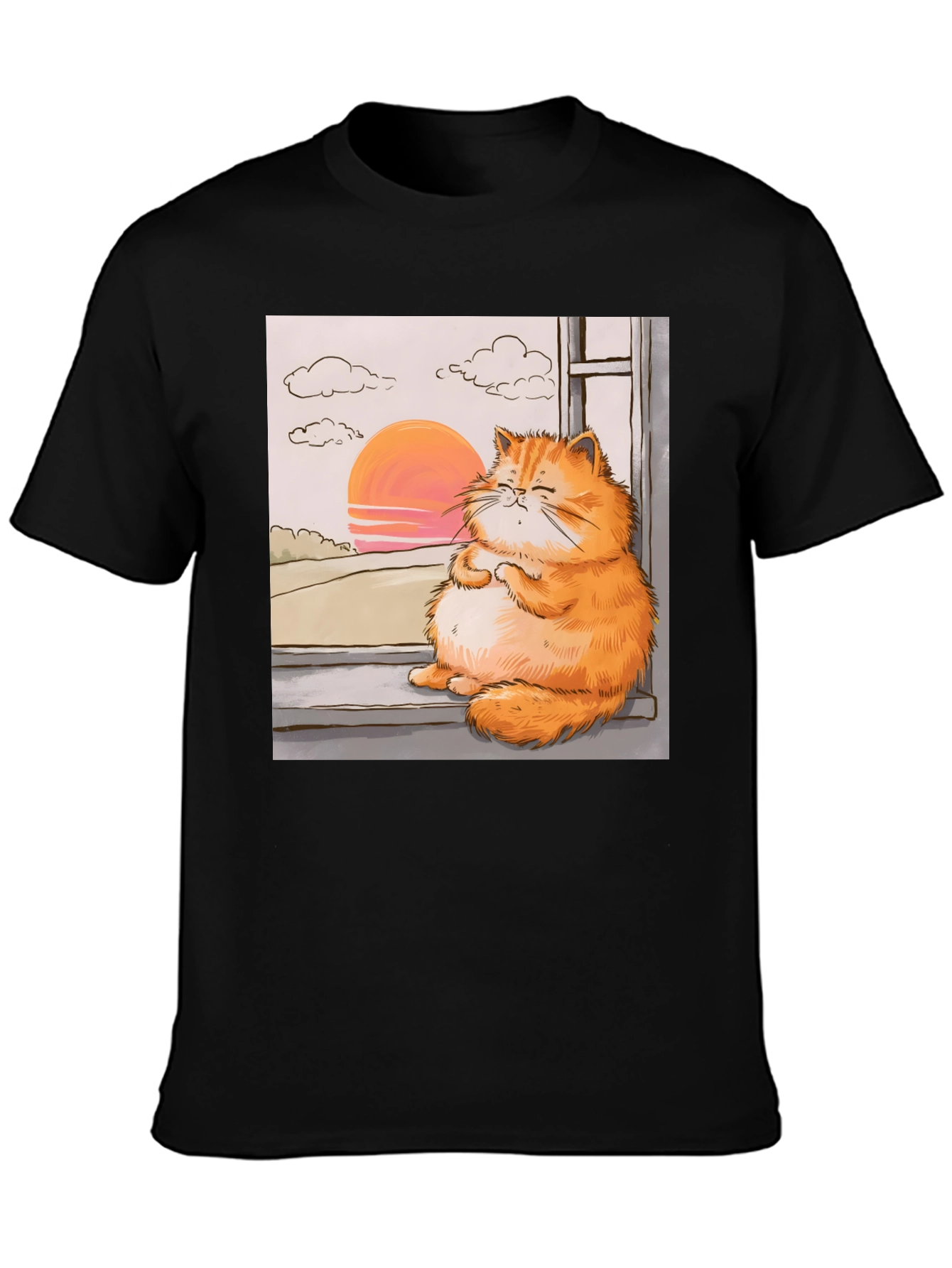 Relaxed Cat T-Shirt - Sunset Window View
