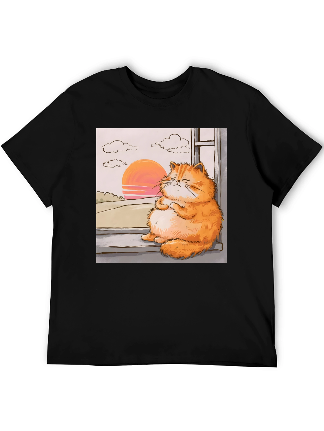 Relaxed Cat T-Shirt - Sunset Window View