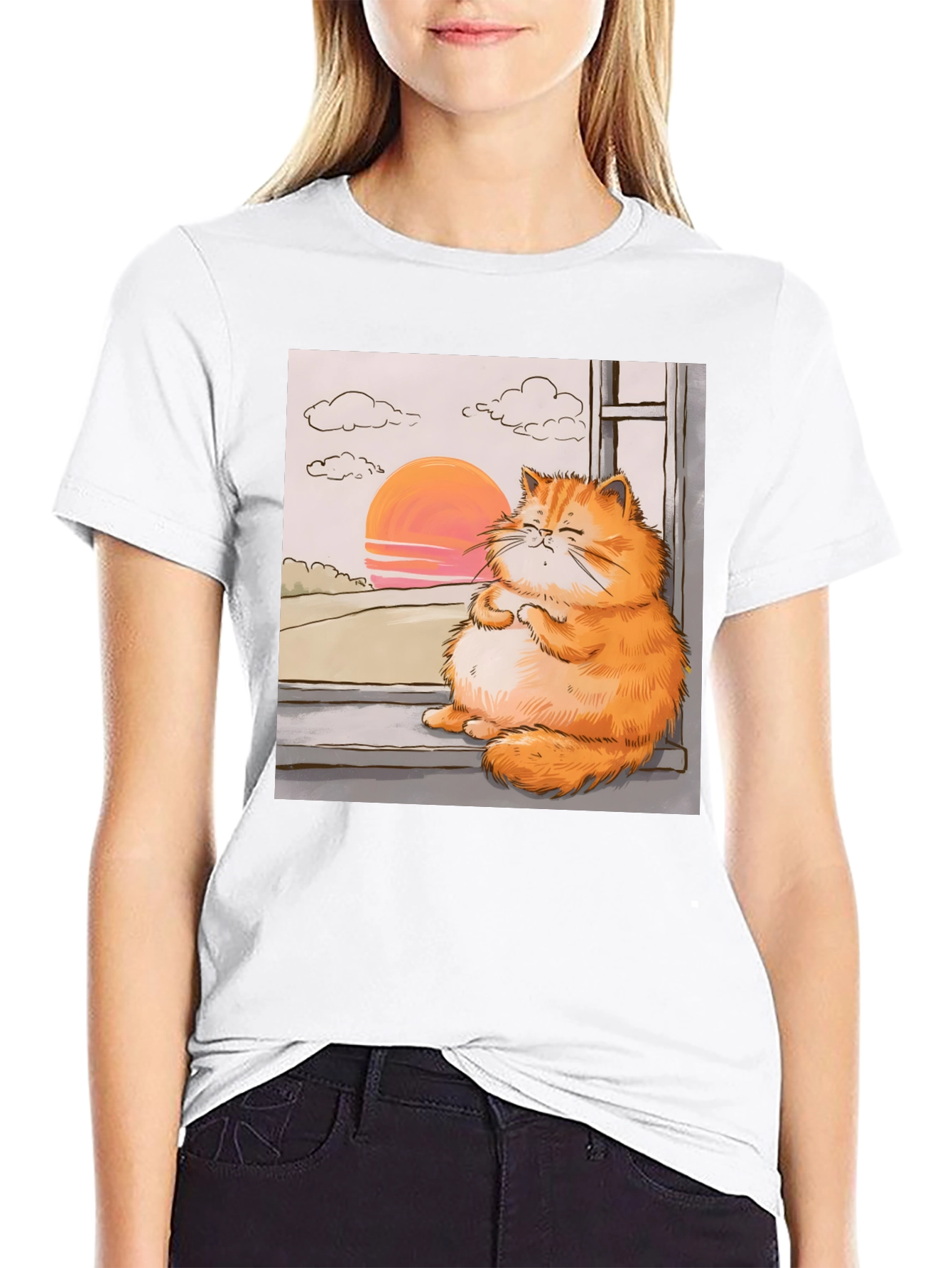 Relaxed Cat T-Shirt - Sunset Window View
