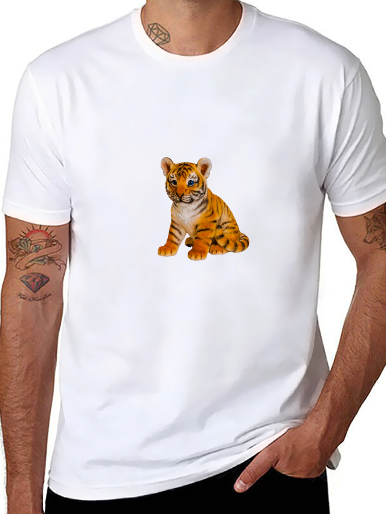 Mens Black T-Shirt with Cute Tiger Cub Print