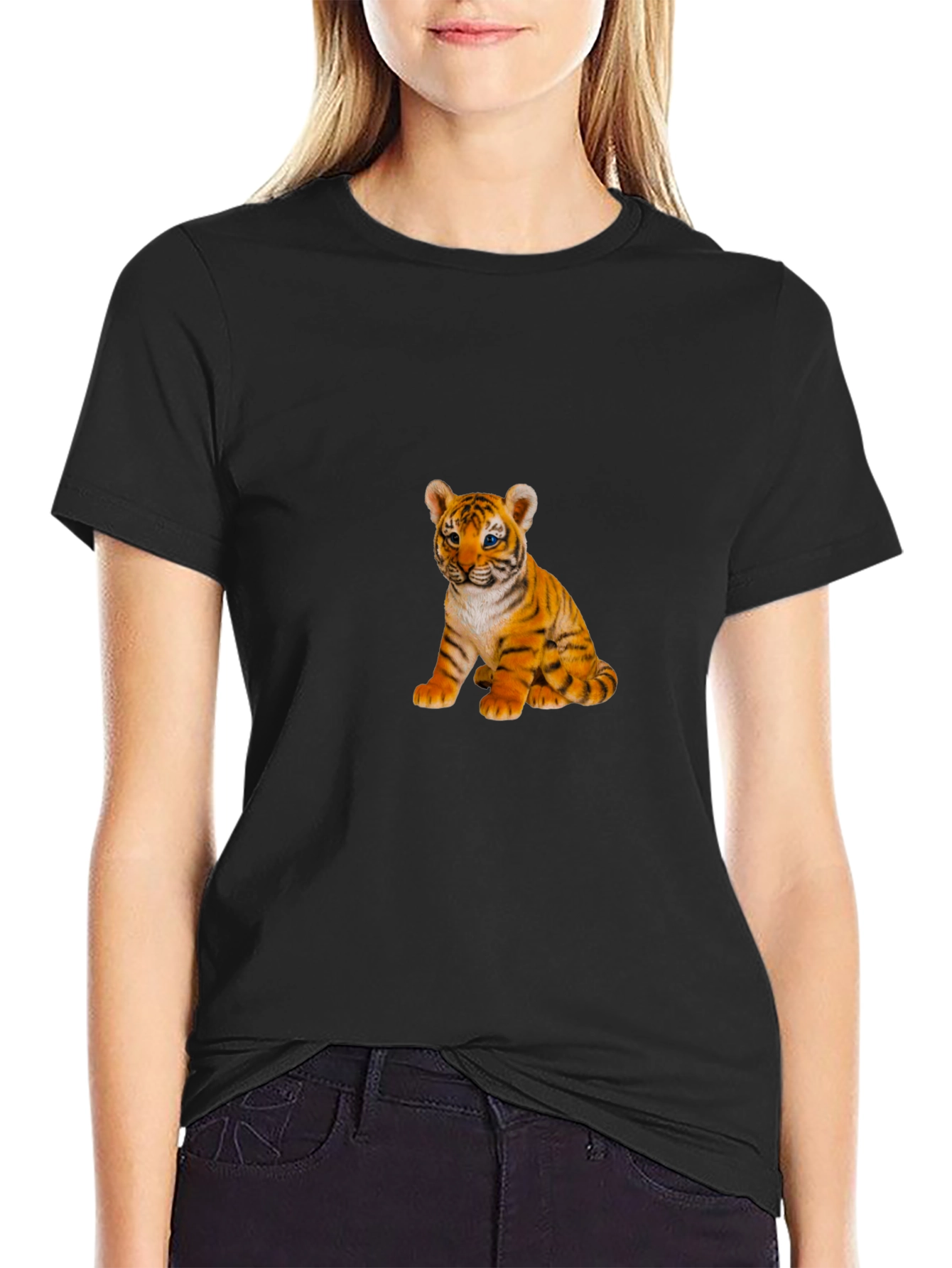 Mens Black T-Shirt with Cute Tiger Cub Print