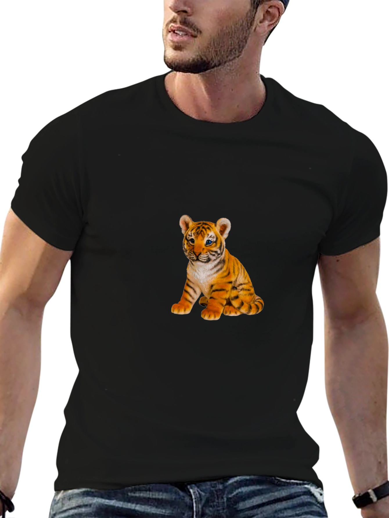 Mens Black T-Shirt with Cute Tiger Cub Print
