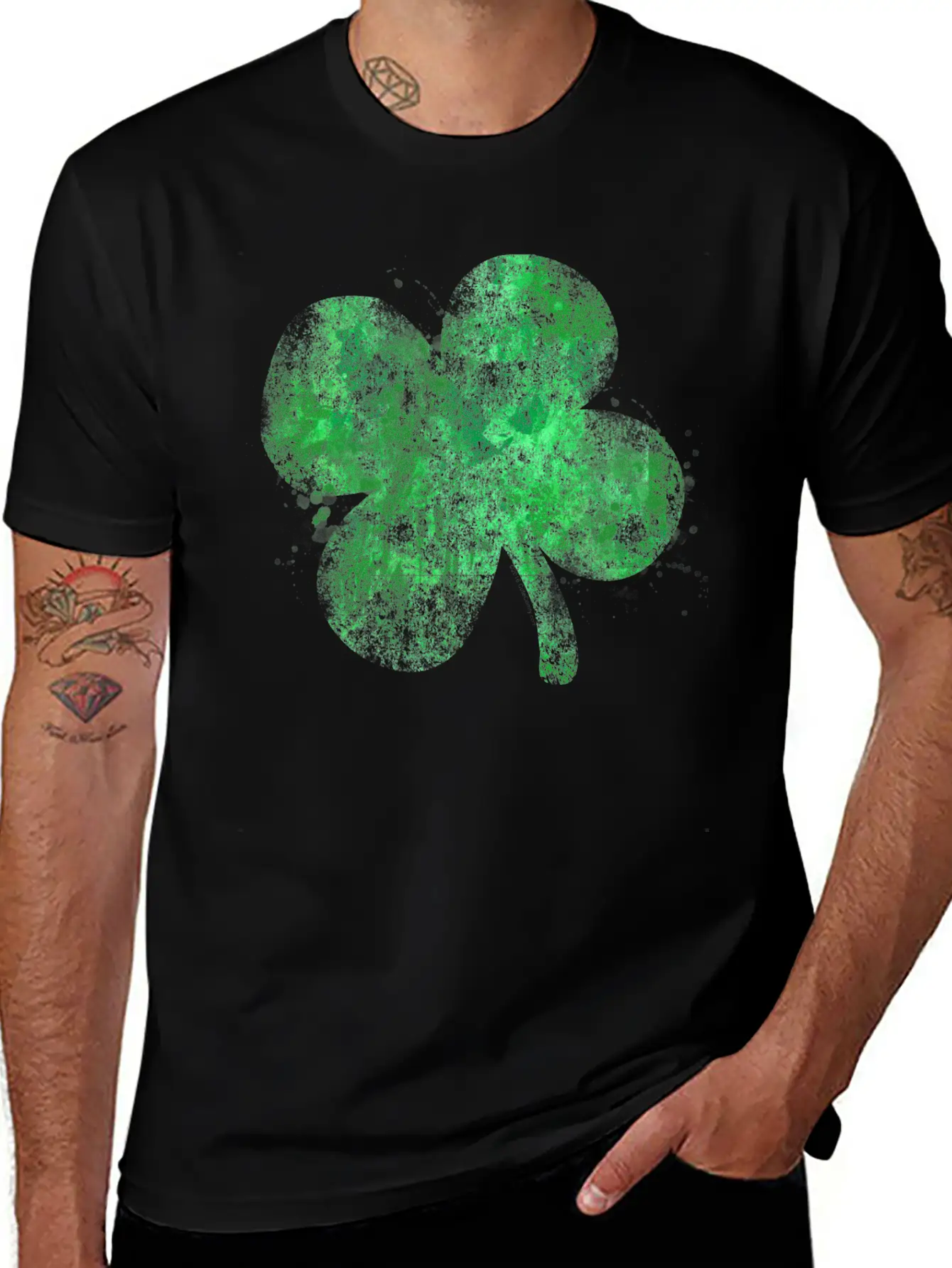 Watercolor Grunge Four Leaf Clover St Patricks Day Essential Unisex Summer Tee – Soft Cotton Casual Fit