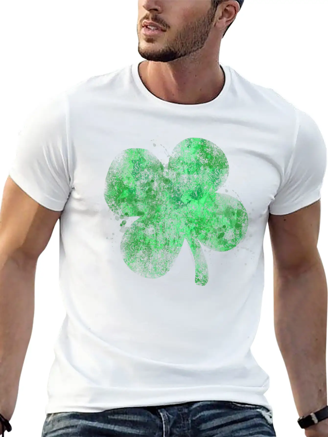 Watercolor Grunge Four Leaf Clover St Patricks Day Essential Unisex Summer Tee – Soft Cotton Casual Fit
