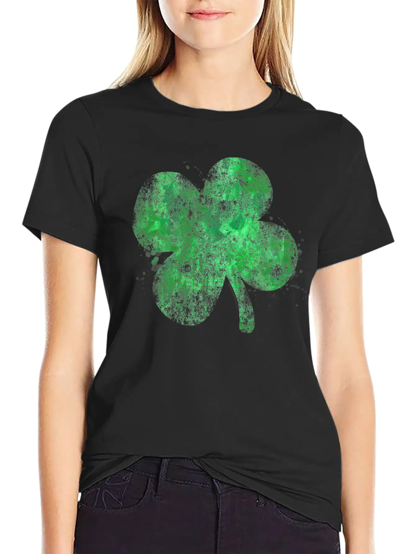 Watercolor Grunge Four Leaf Clover St Patricks Day Essential Unisex Summer Tee – Soft Cotton Casual Fit