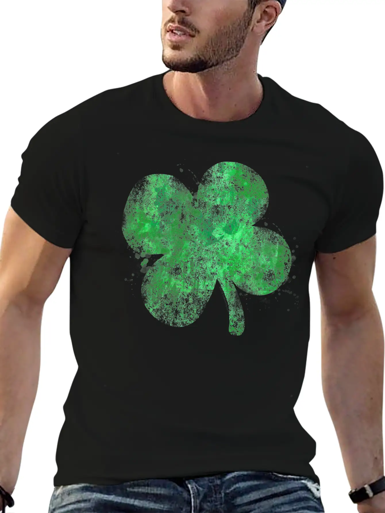Watercolor Grunge Four Leaf Clover St Patricks Day Essential Unisex Summer Tee – Soft Cotton Casual Fit