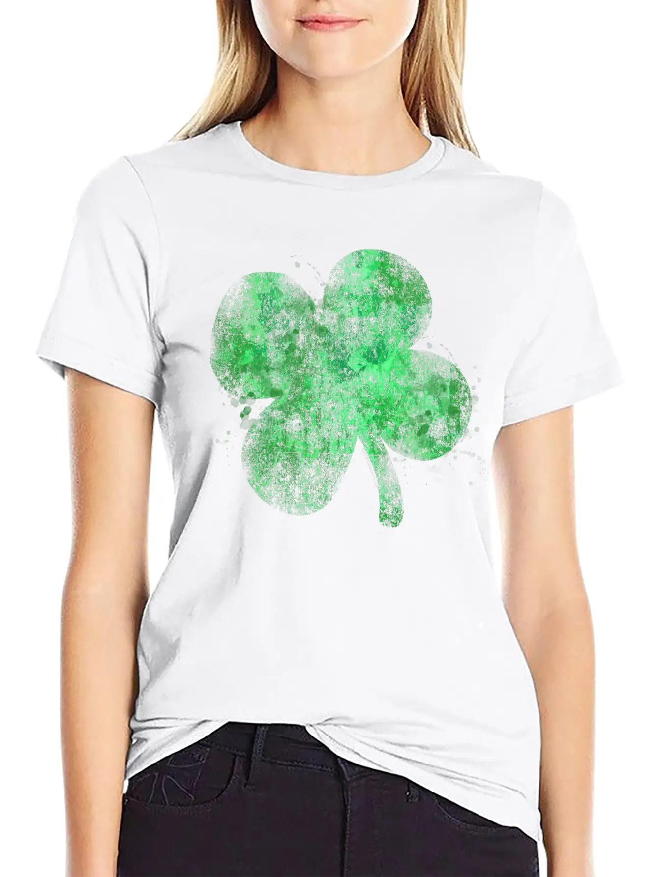 Watercolor Grunge Four Leaf Clover St Patricks Day Essential Unisex Summer Tee – Soft Cotton Casual Fit