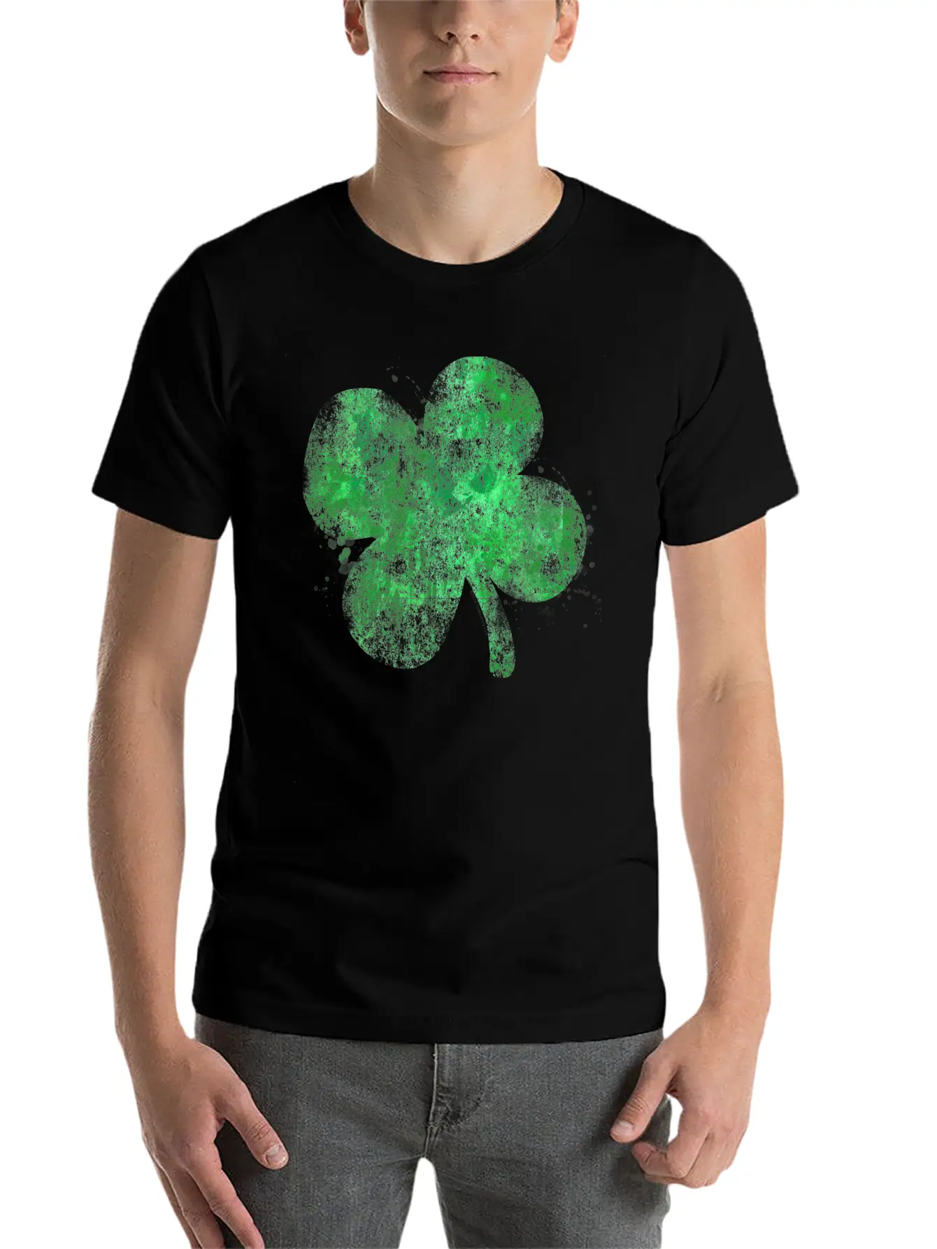 Watercolor Grunge Four Leaf Clover St Patricks Day Essential Unisex Summer Tee – Soft Cotton Casual Fit