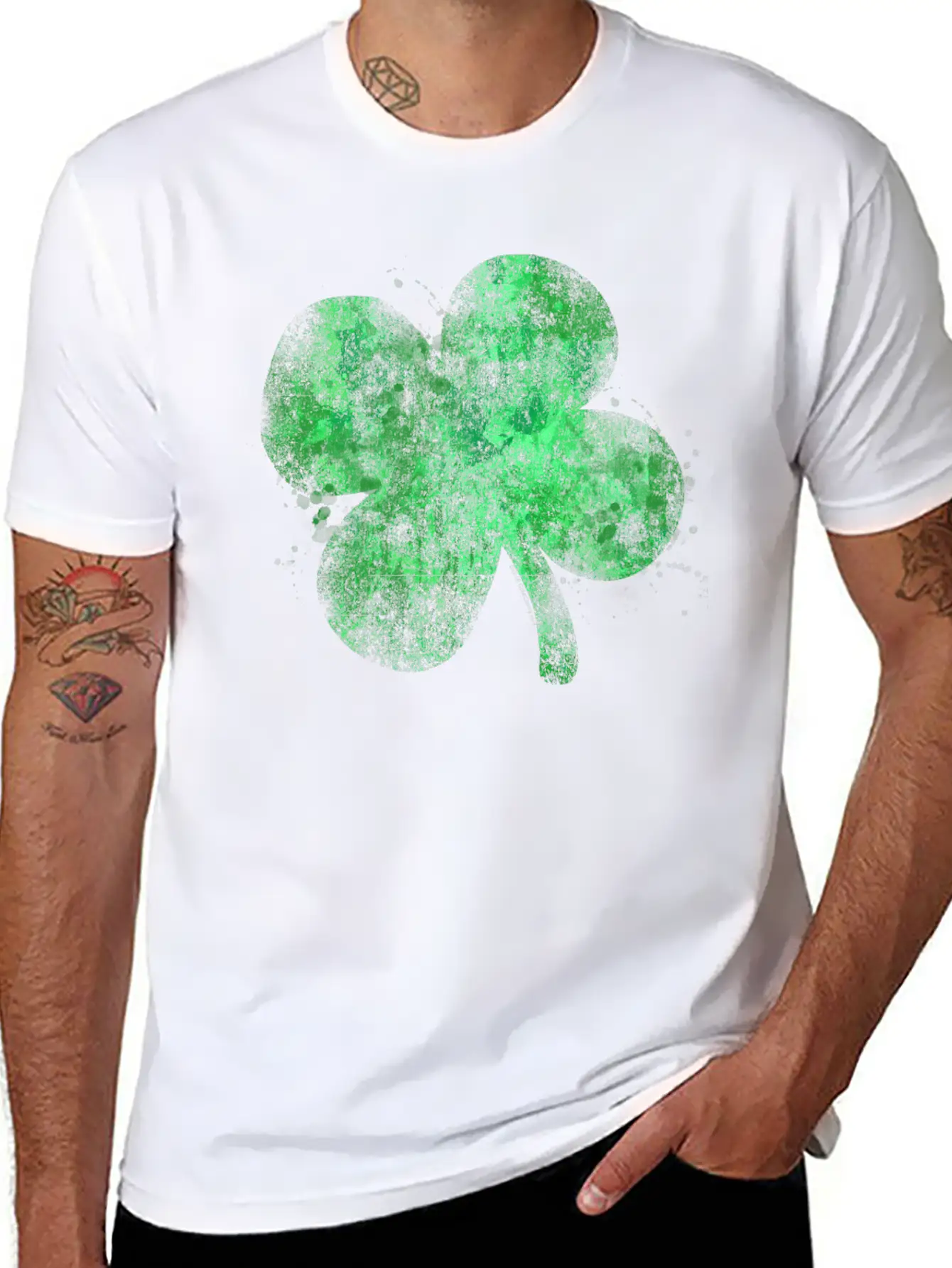 Watercolor Grunge Four Leaf Clover St Patricks Day Essential Unisex Summer Tee – Soft Cotton Casual Fit