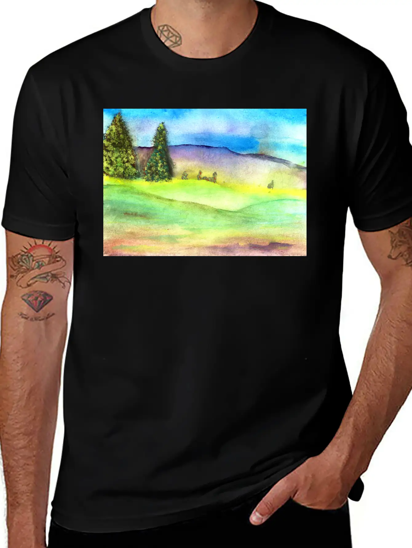 Watercolour Landscape With Trees Stylish Everyday T-Shirt – Unisex Basic Cotton Tee