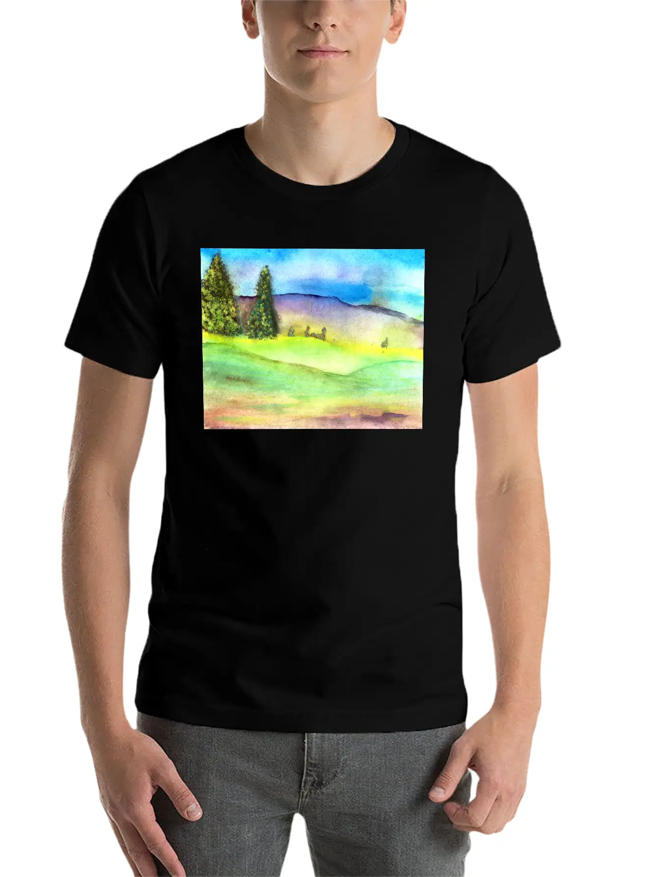 Watercolour Landscape With Trees Stylish Everyday T-Shirt – Unisex Basic Cotton Tee