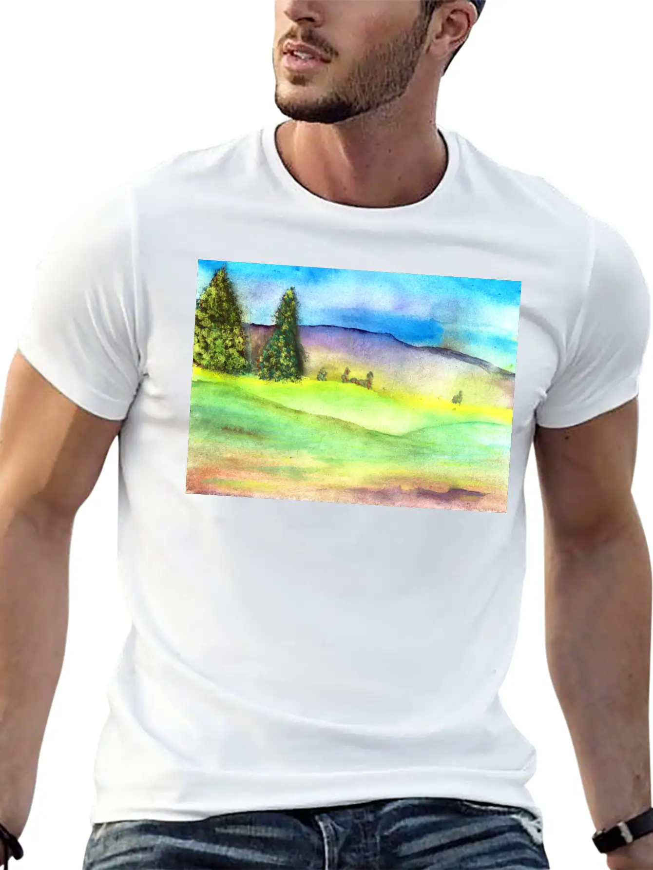 Watercolour Landscape With Trees Stylish Everyday T-Shirt – Unisex Basic Cotton Tee