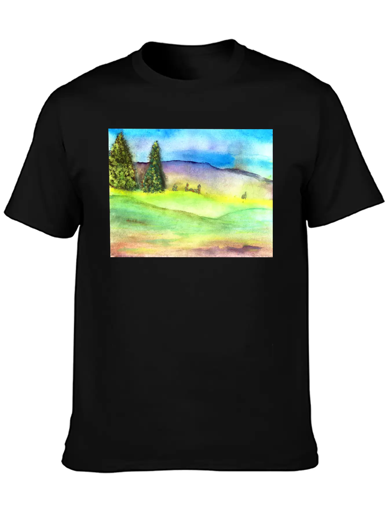 Watercolour Landscape With Trees Stylish Everyday T-Shirt – Unisex Basic Cotton Tee
