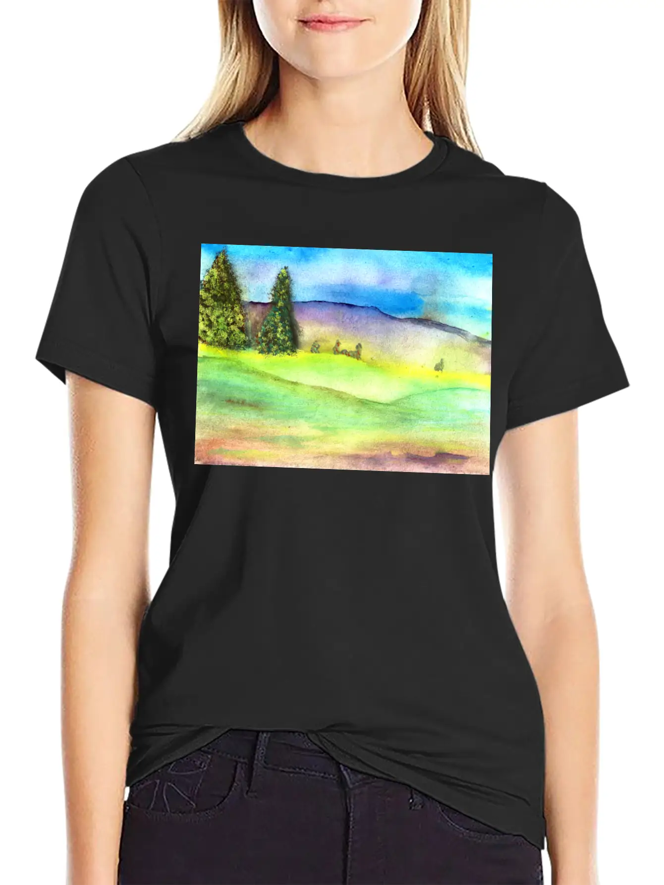 Watercolour Landscape With Trees Stylish Everyday T-Shirt – Unisex Basic Cotton Tee