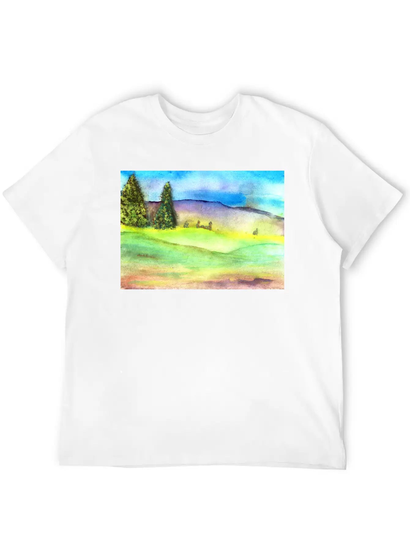 Watercolour Landscape With Trees Stylish Everyday T-Shirt – Unisex Basic Cotton Tee