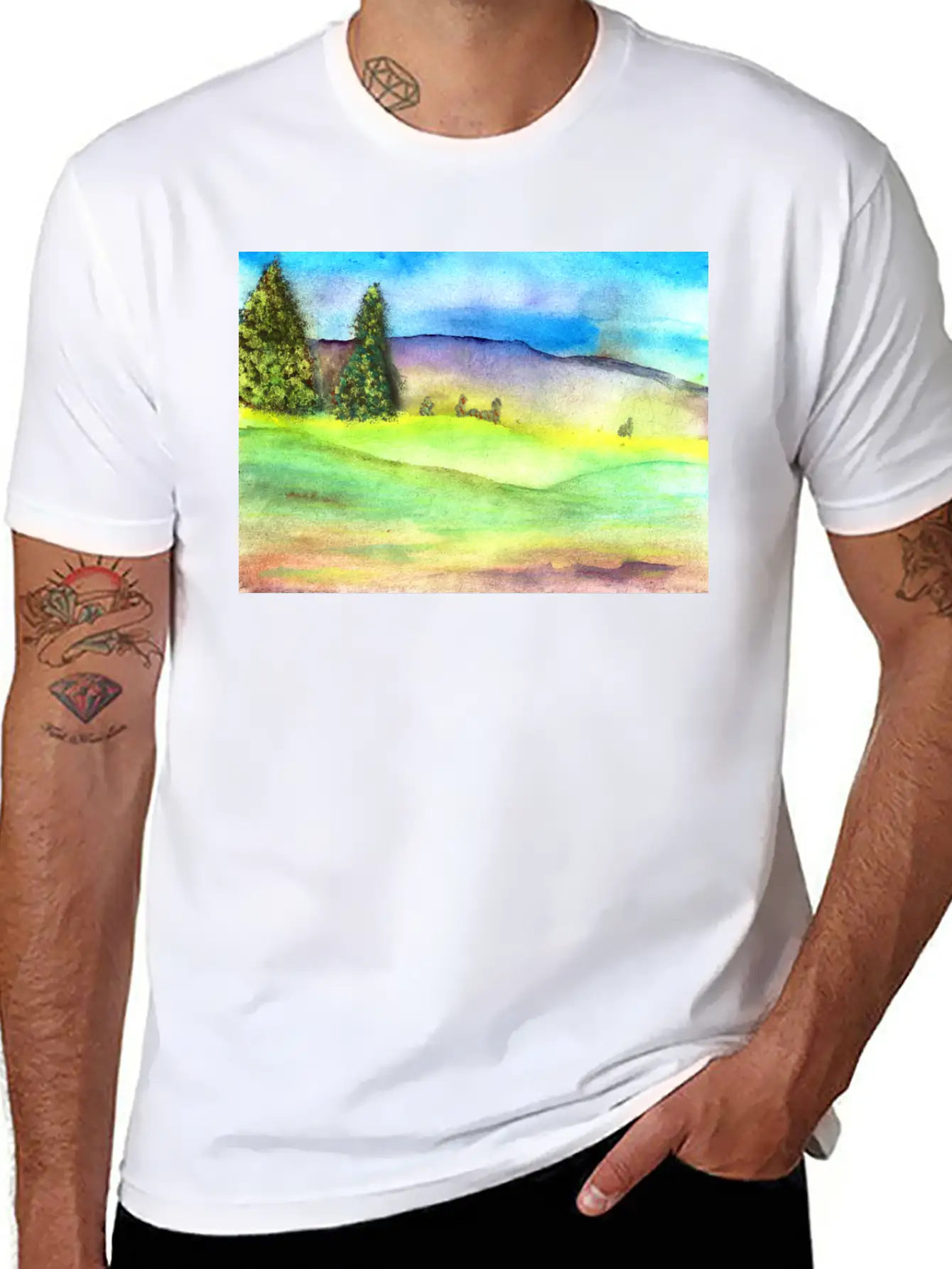 Watercolour Landscape With Trees Stylish Everyday T-Shirt – Unisex Basic Cotton Tee