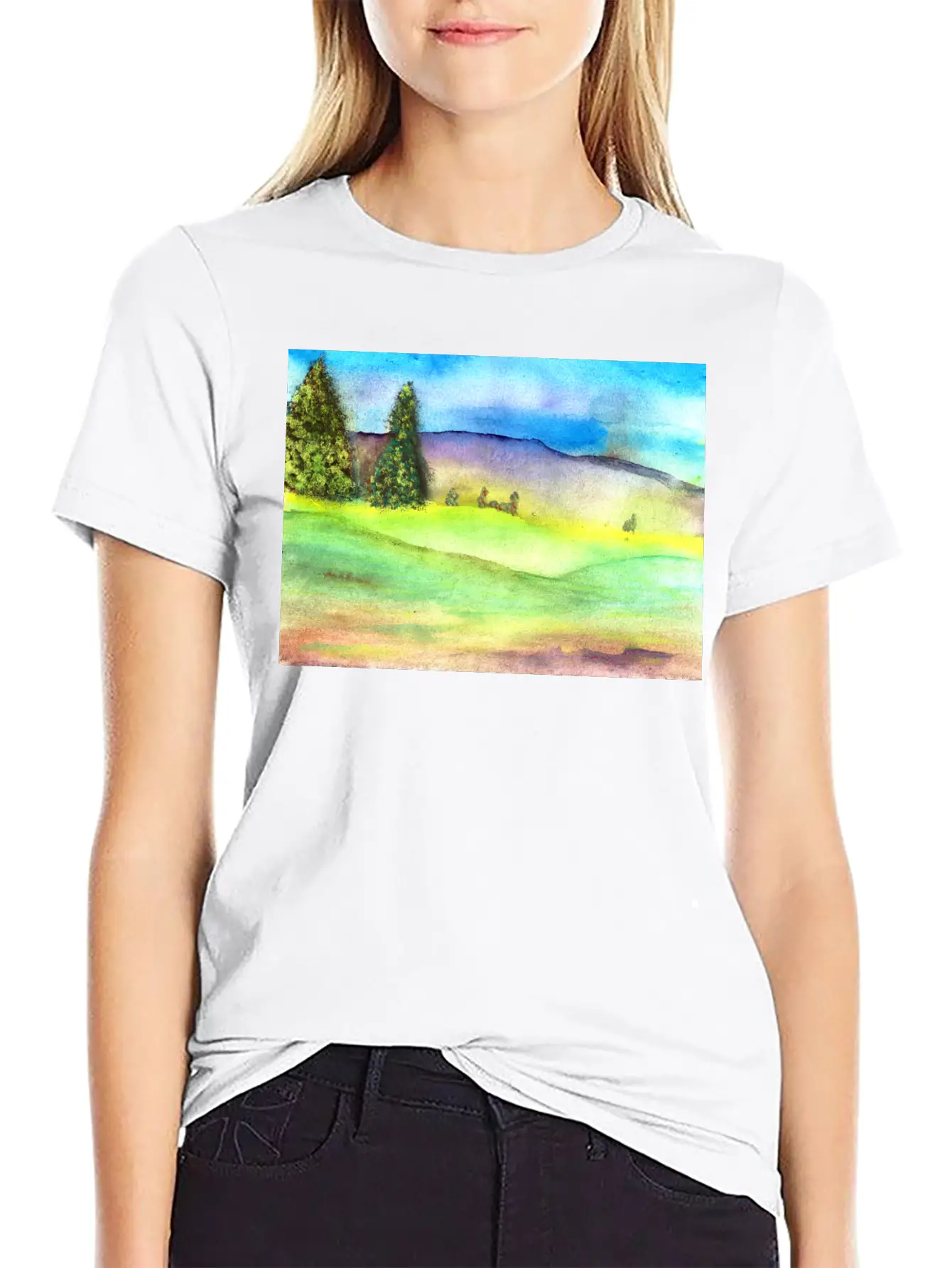 Watercolour Landscape With Trees Stylish Everyday T-Shirt – Unisex Basic Cotton Tee
