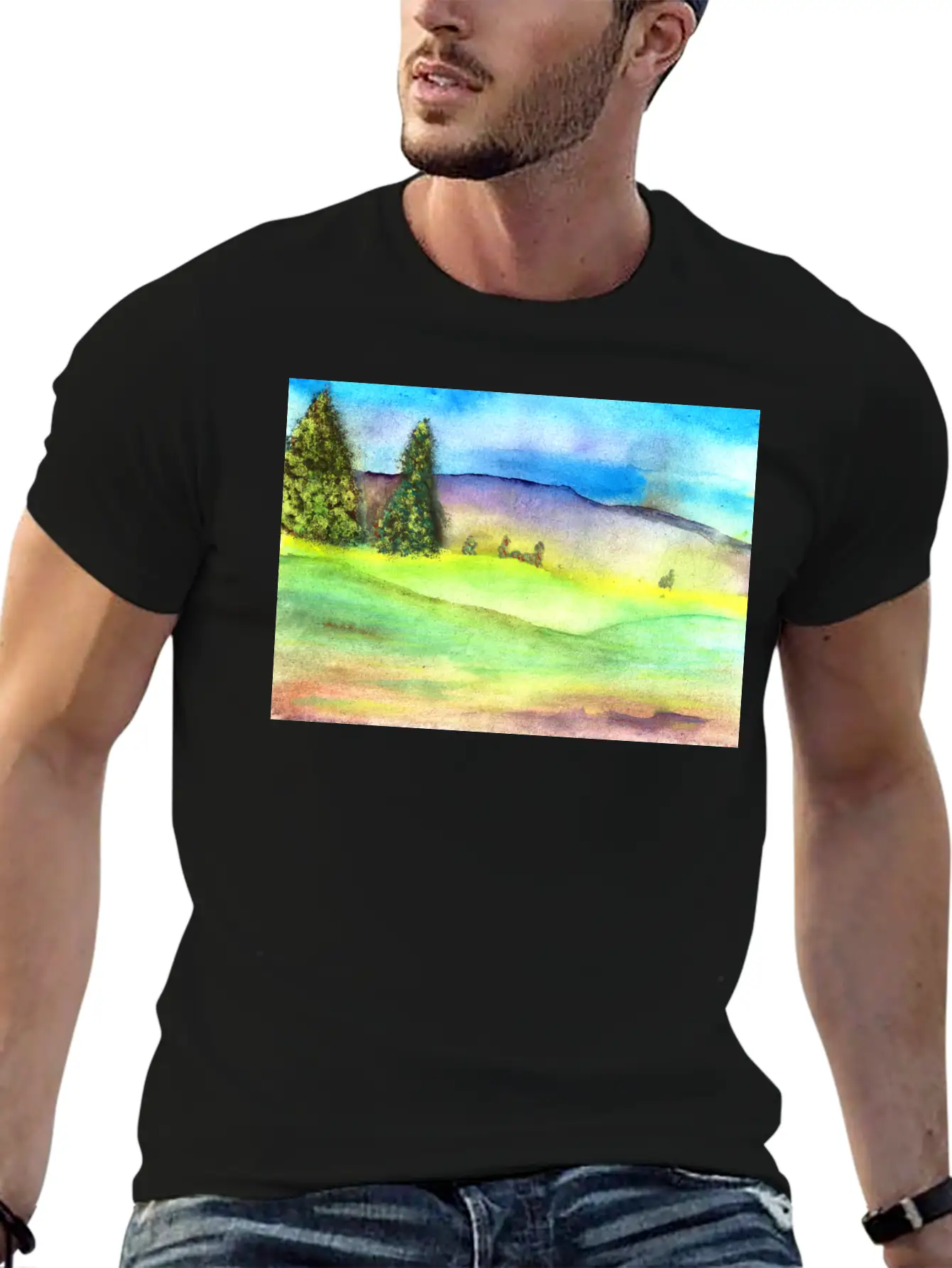 Watercolour Landscape With Trees Stylish Everyday T-Shirt – Unisex Basic Cotton Tee