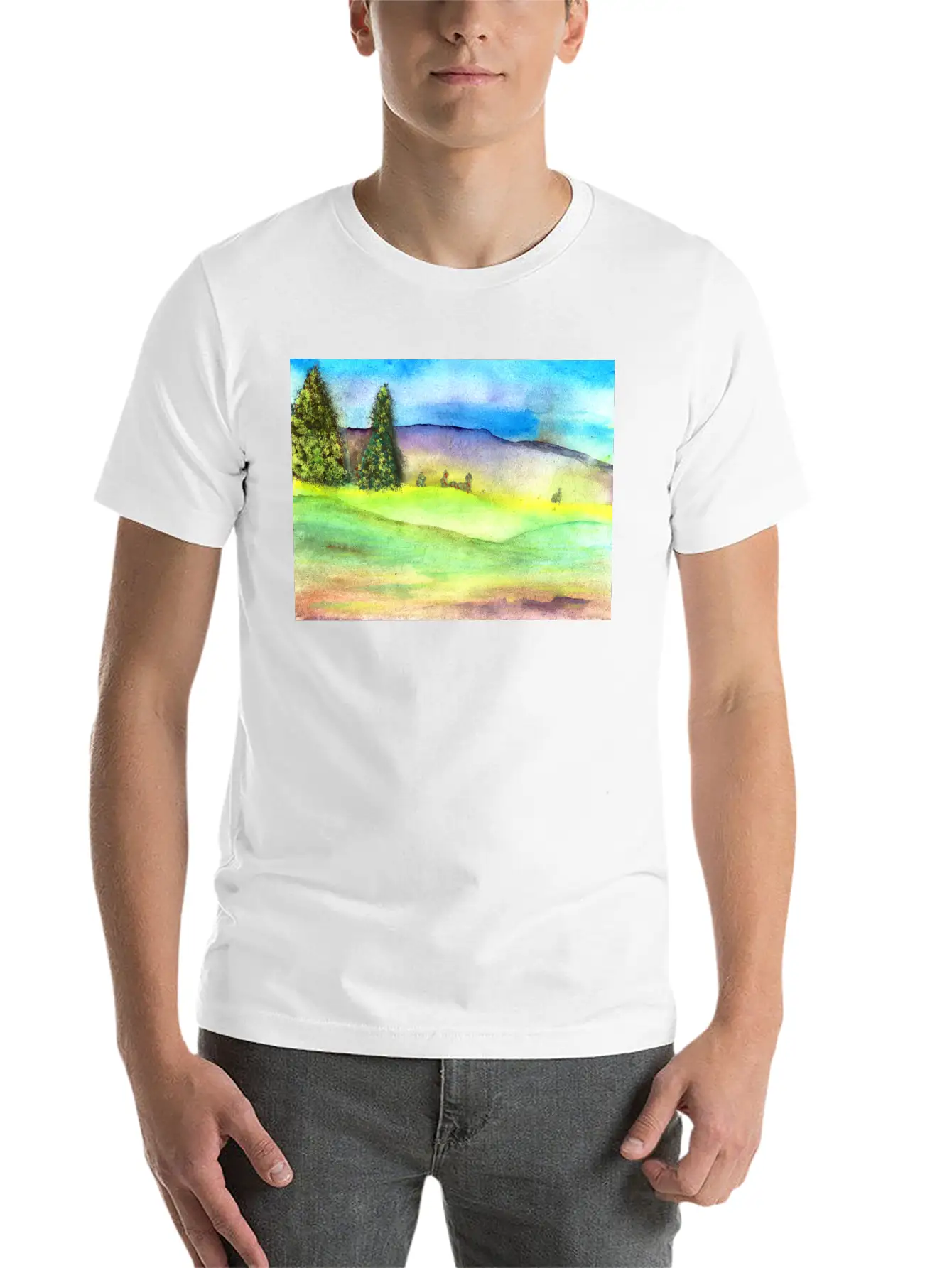 Watercolour Landscape With Trees Stylish Everyday T-Shirt – Unisex Basic Cotton Tee