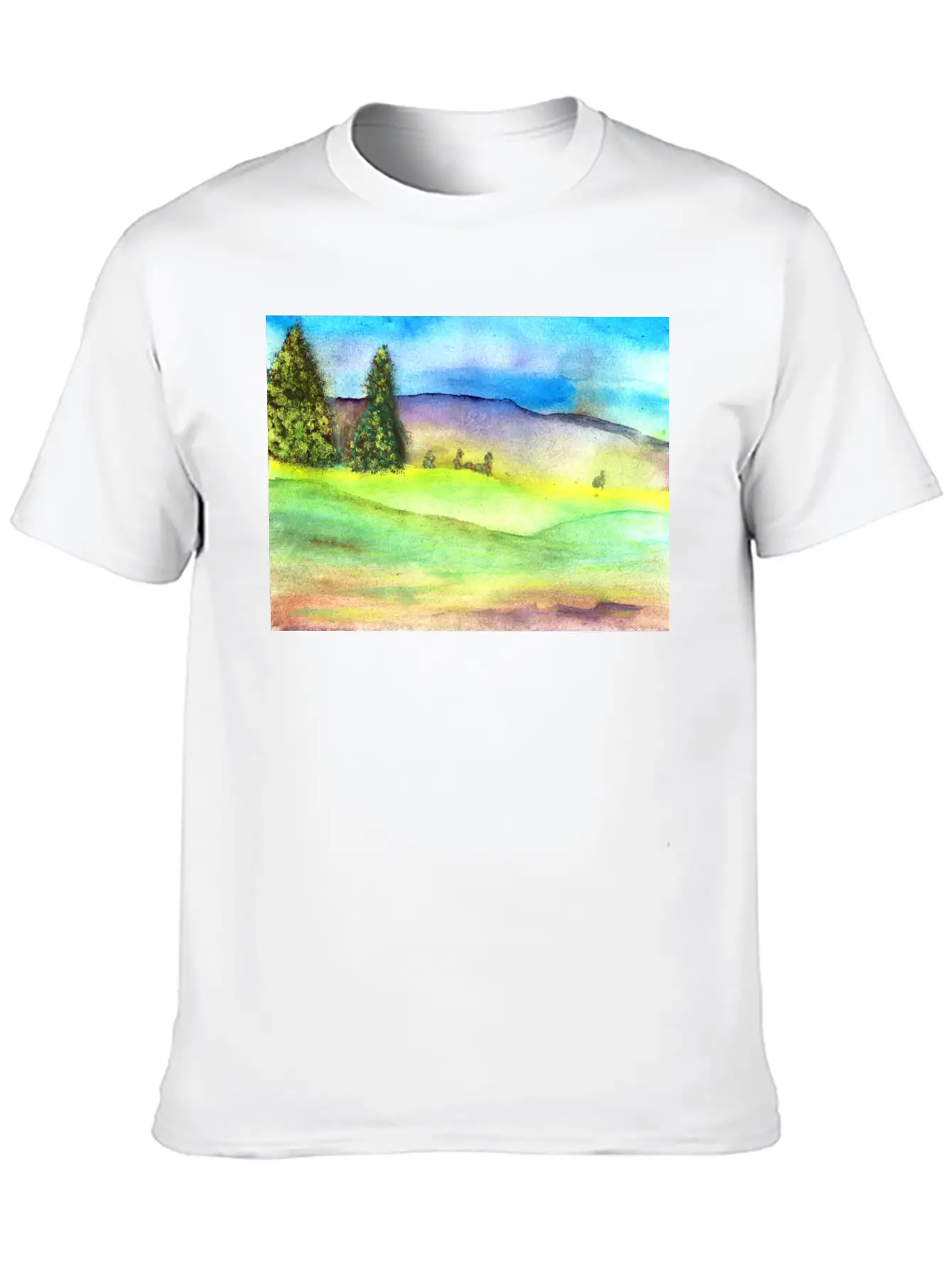 Watercolour Landscape With Trees Stylish Everyday T-Shirt – Unisex Basic Cotton Tee