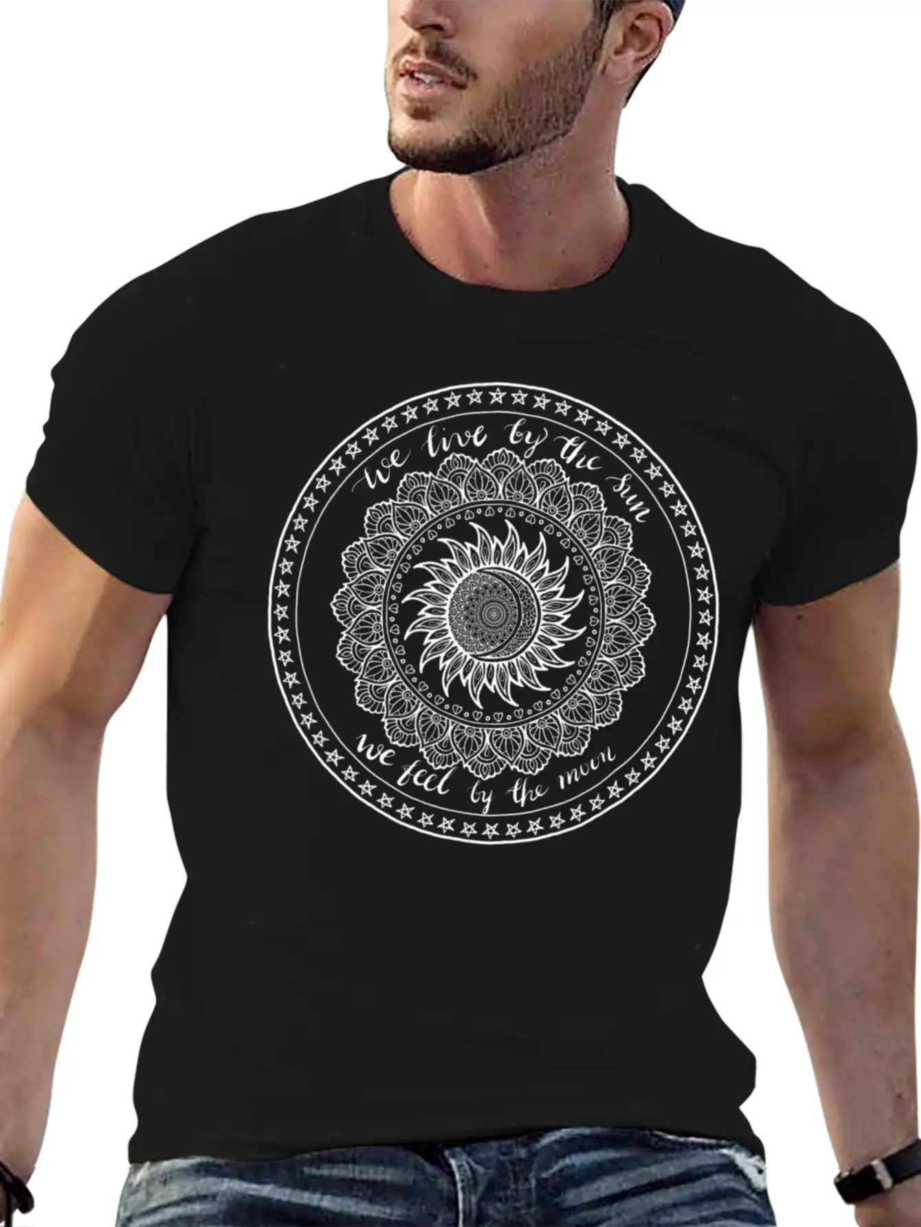 We Live By The Sun We Feel By The Moon Mandala Unisex Short Sleeve Soft Cotton T-Shirt – Casual Everyday Wear