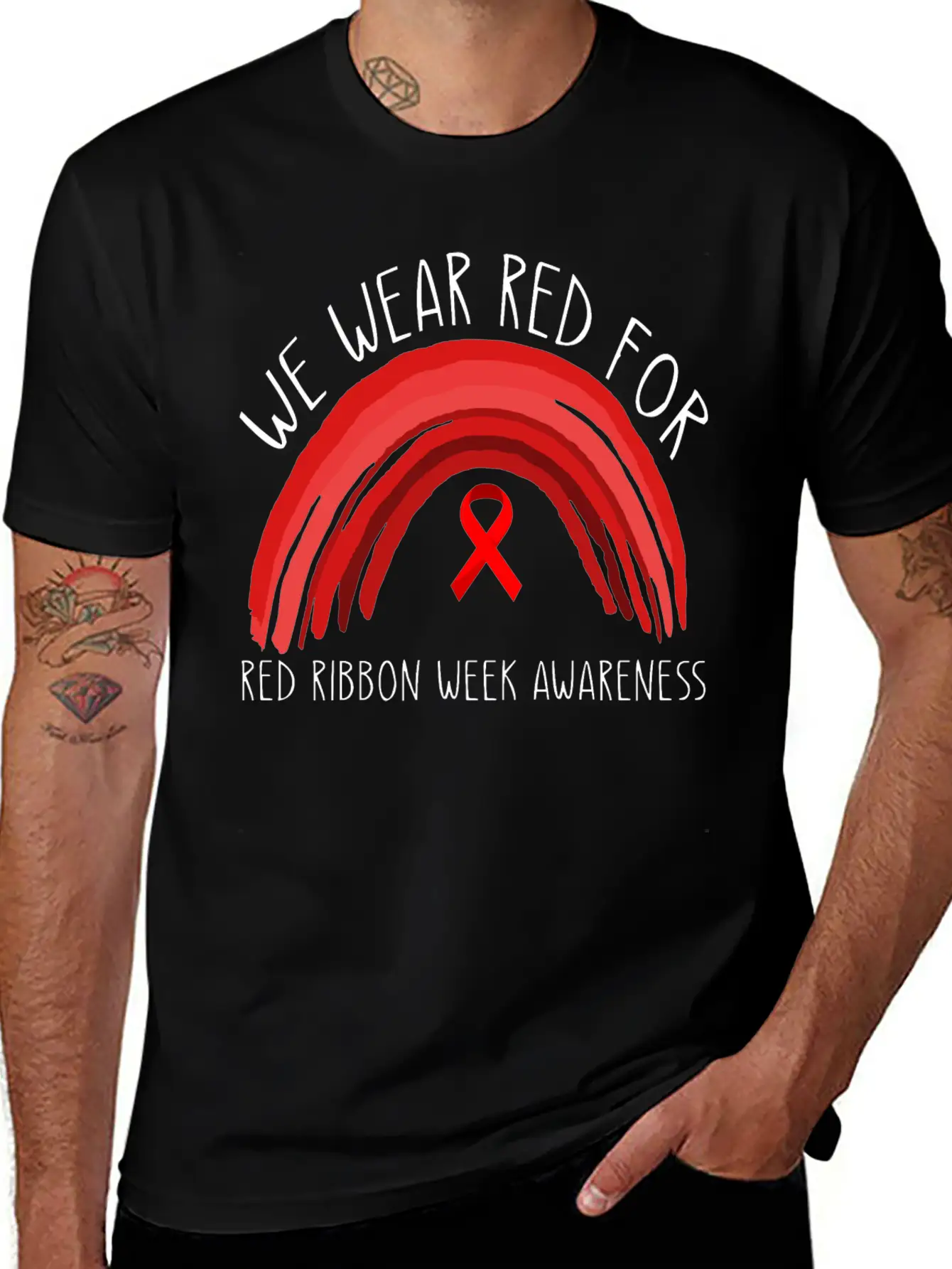 We Wear Red For Red Ribbon Week Awareness Timeless Short Sleeve Tee – Comfy And Minimalist Design
