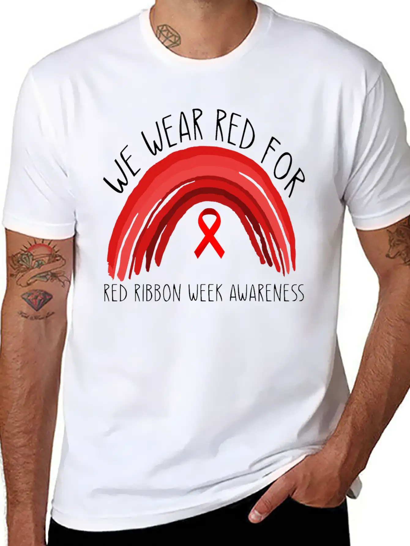 We Wear Red For Red Ribbon Week Awareness Timeless Short Sleeve Tee – Comfy And Minimalist Design