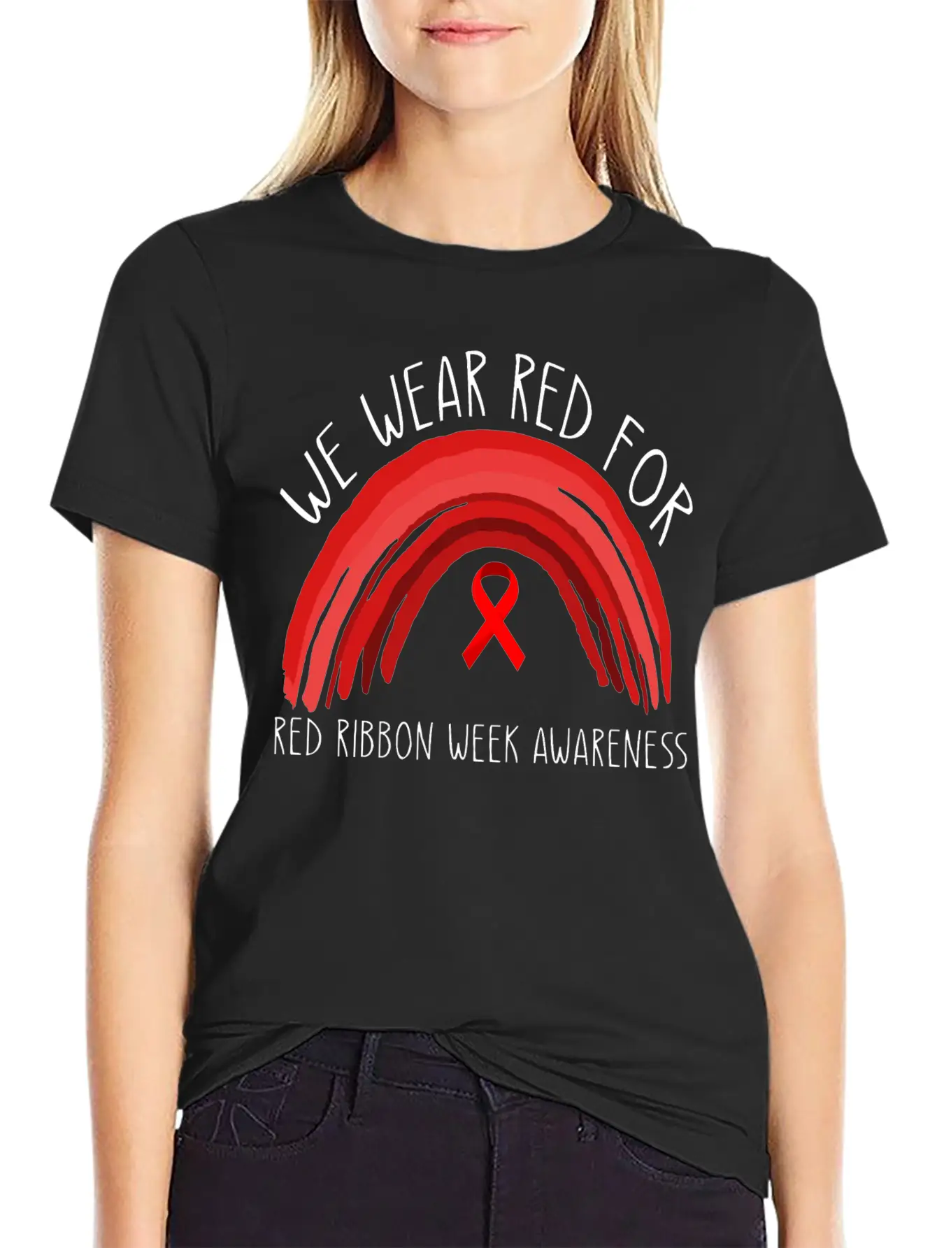 We Wear Red For Red Ribbon Week Awareness Timeless Short Sleeve Tee – Comfy And Minimalist Design