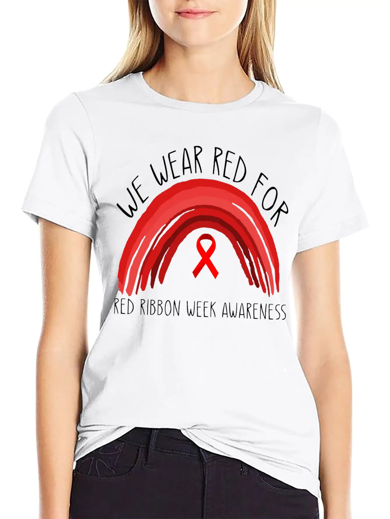 We Wear Red For Red Ribbon Week Awareness Timeless Short Sleeve Tee – Comfy And Minimalist Design
