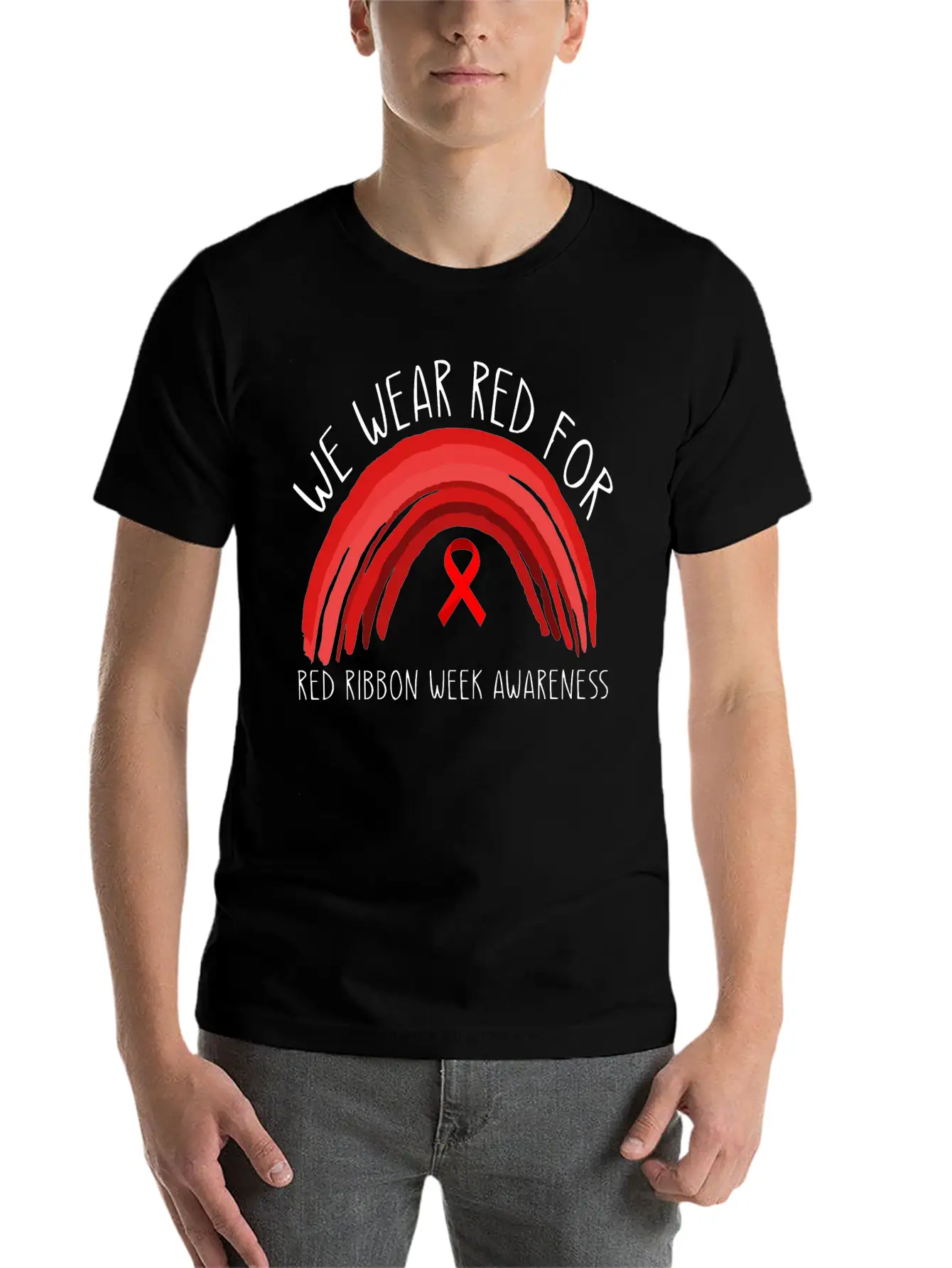 We Wear Red For Red Ribbon Week Awareness Timeless Short Sleeve Tee – Comfy And Minimalist Design