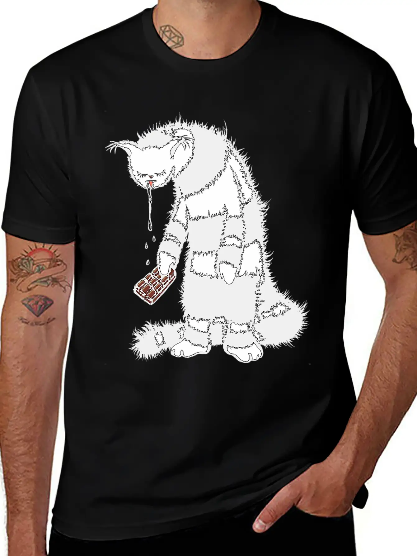 Weird Cat Character Loves Chocolate Unisex Short Sleeve Soft Cotton T-Shirt – Casual Everyday Wear