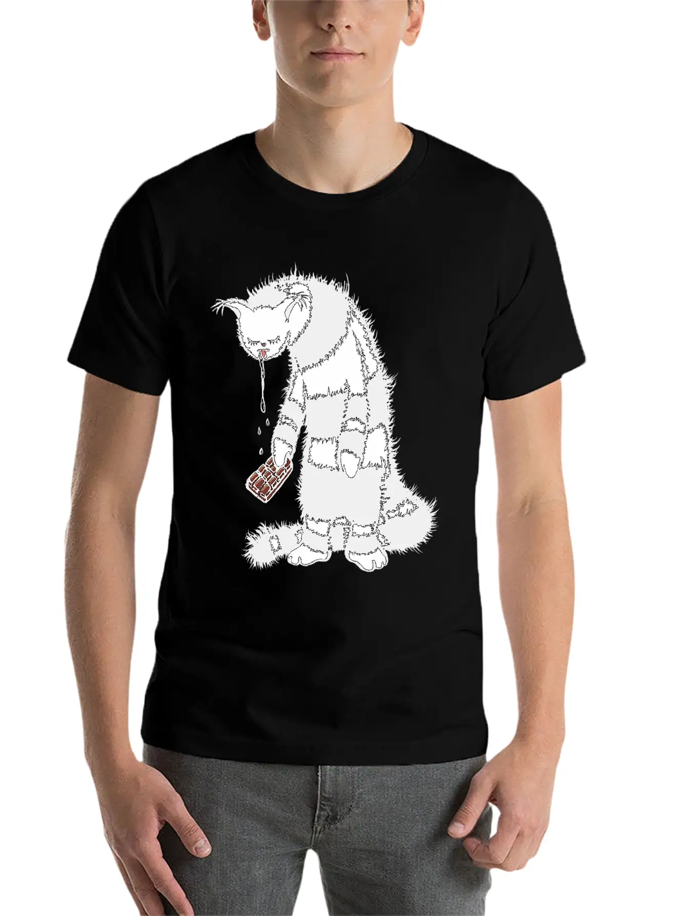 Weird Cat Character Loves Chocolate Unisex Short Sleeve Soft Cotton T-Shirt – Casual Everyday Wear