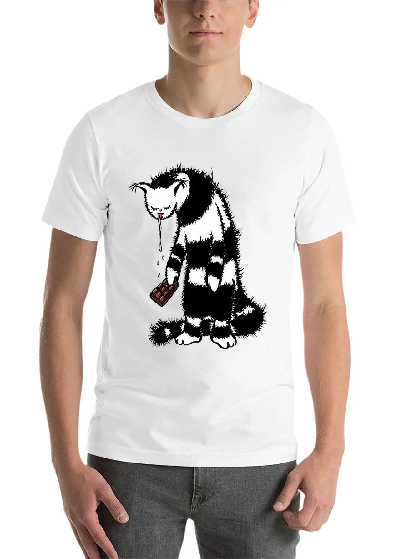 Weird Cat Character Loves Chocolate Unisex Short Sleeve Soft Cotton T-Shirt – Casual Everyday Wear